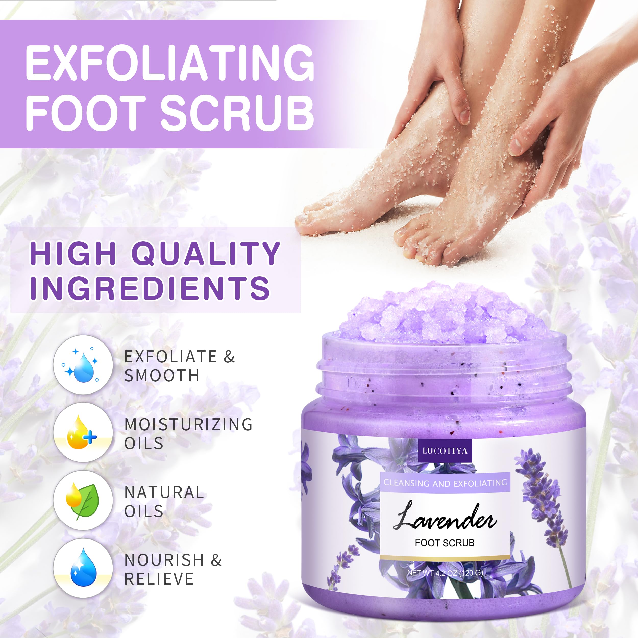 Lavender Foot Soak Set with Epsom Salt, Foot File, Exfoliating Scrub & Urea Cream - Moisturizing Pedicure Kit for Dry Cracked Feet - Women's Spa Gift Set for Relaxation & Self Care at Home