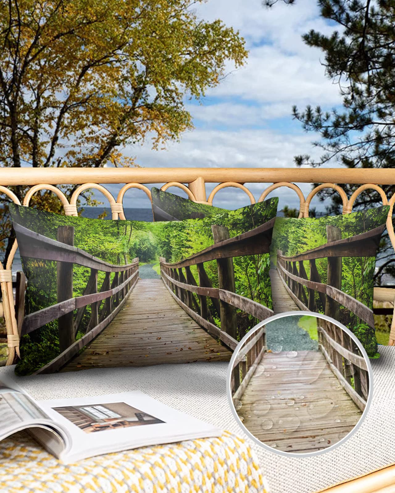 Waterproof Outdoor Throw Pillow Covers Set of 2 - 20x12 Inch Forest Scenery Decorative Cushion Covers for Patio, Garden, Couch & Camping | Nature-Inspired Wooden Bridge Design for Cozy Home & Tent Decor