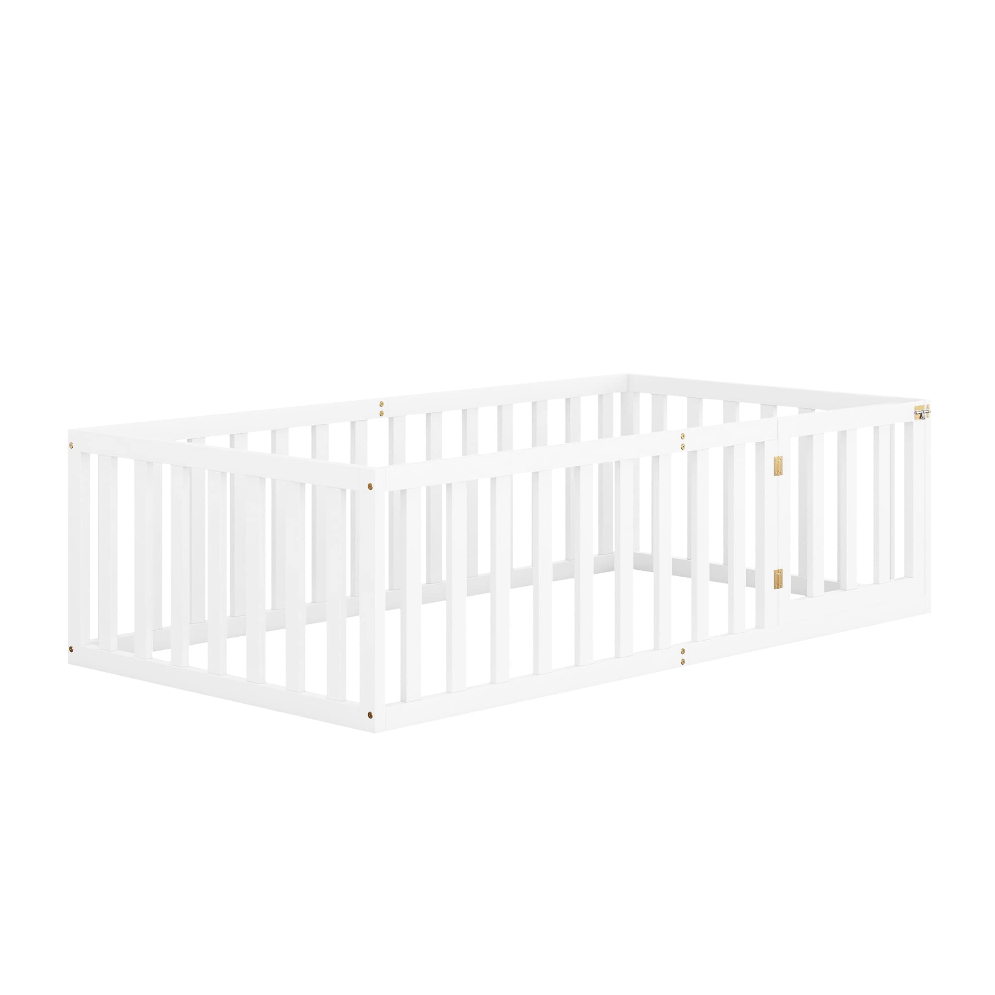 SOFTSEA Twin Floor Bed Frame with Safety Rails - Montessori Style Low Profile Kids Bed for Boys & Girls - Sturdy White Wooden Bed with Fence - Perfect for Toddler Rooms, Daycare Centers & Montessori Classrooms