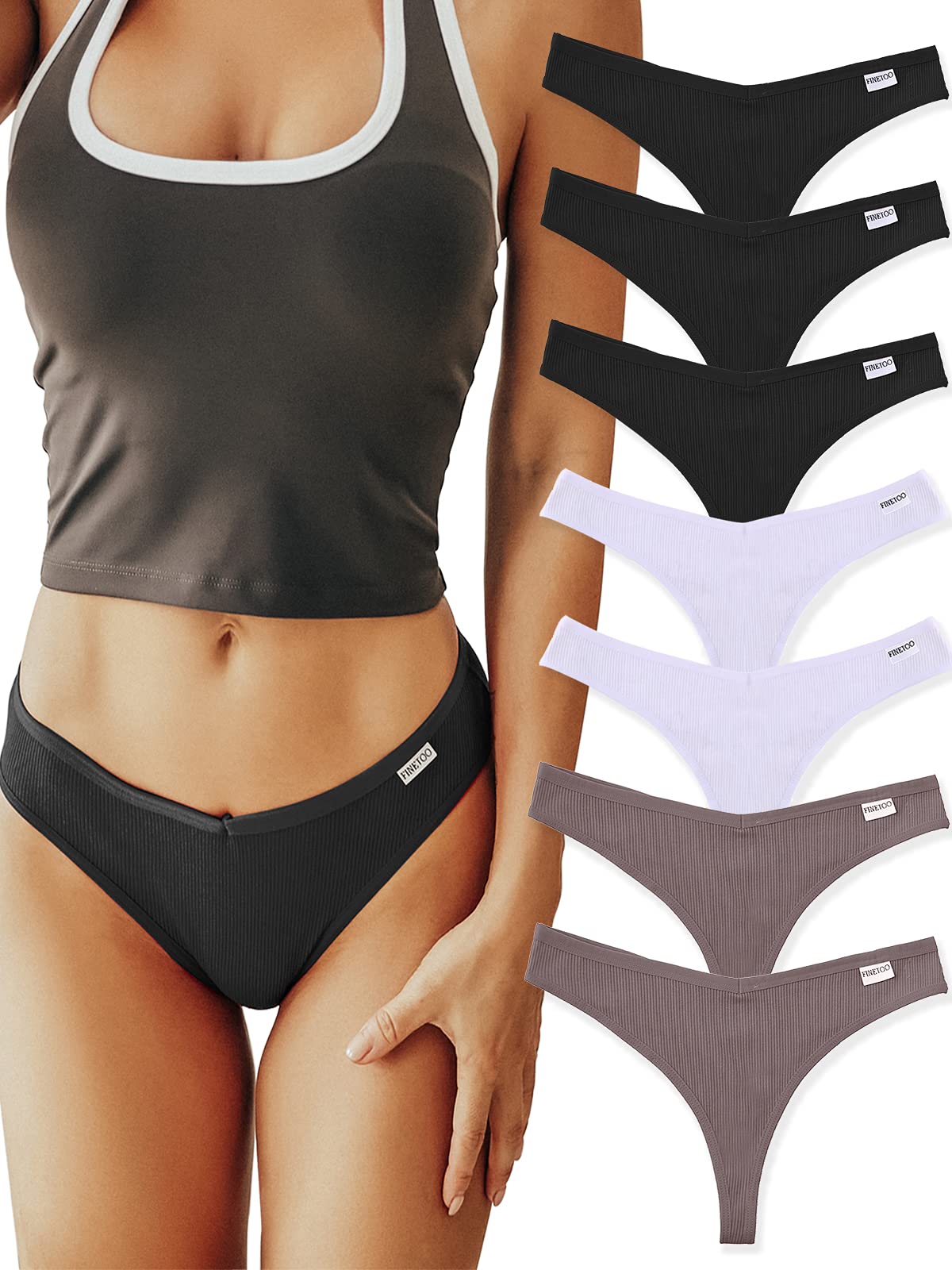 FINETOO 7 Pack Women's Cotton Thong Underwear - Breathable Low Rise Hipster Panties Sexy Comfortable S-XL for Everyday Wear, Workout & Lounge