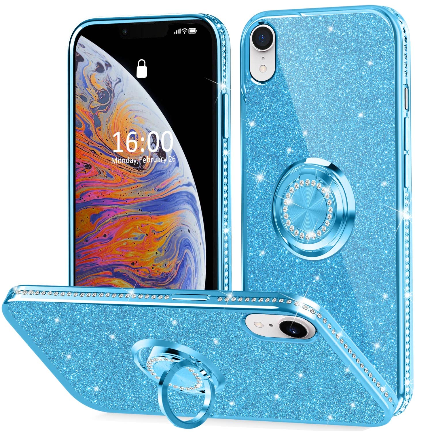 Sparkly Glitter Diamond iPhone XR Case with Ring Holder - Slim Shockproof Cute 6.1