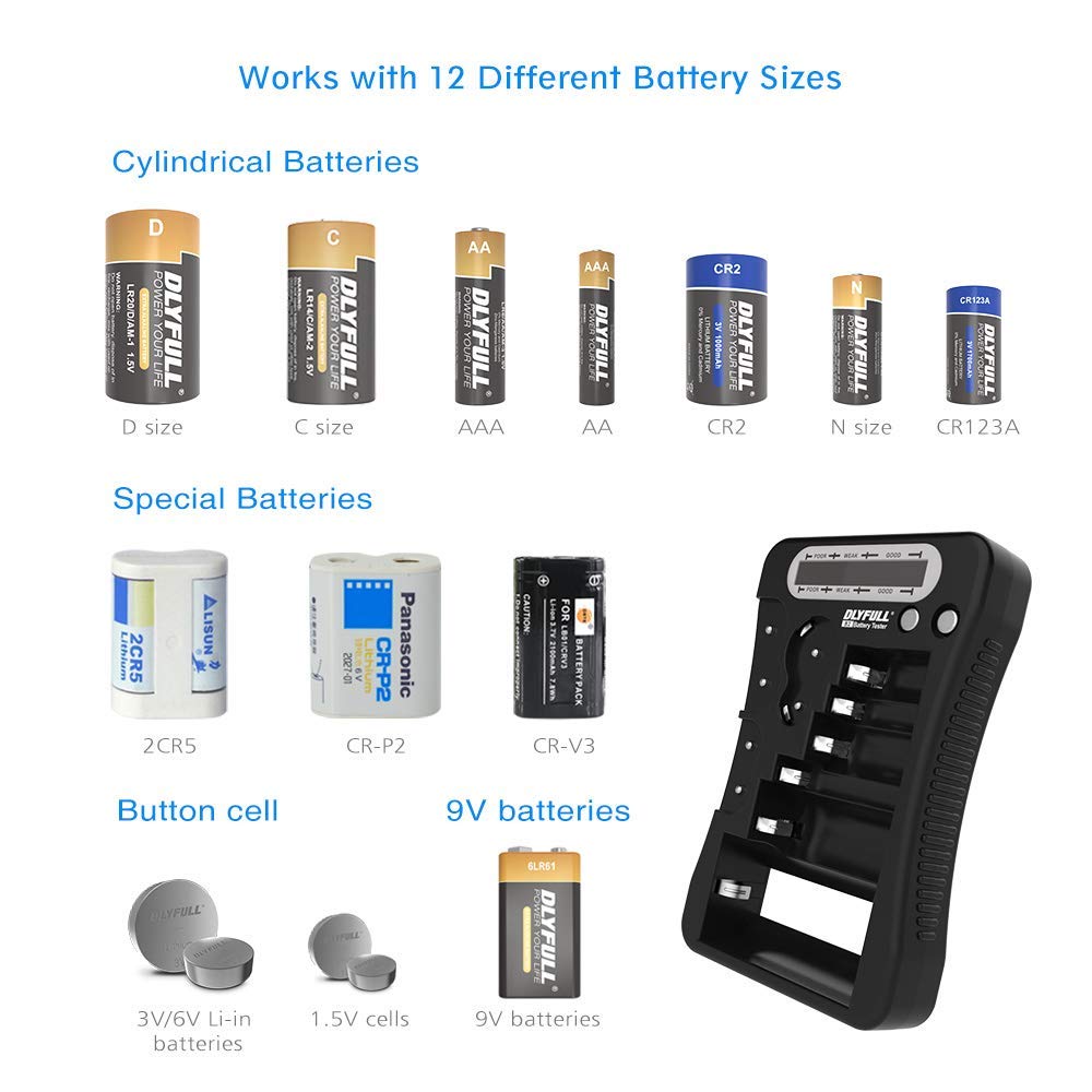 Dlyfull B3 & B2 Universal Battery Tester with 3 AAA Batteries - Check AA AAA C D 9V Button Cell Voltage - Perfect for Home, Office, and Emergency Kits
