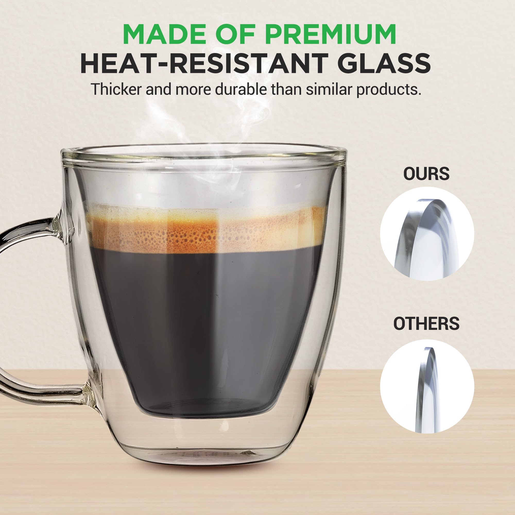 NutriChef 4-Pack 5.2 Oz Double Wall Insulated Glass Espresso Cups with Handle - Hot & Cold Drinkware for Coffee, Tea, Cappuccino - Perfect for Home, Office, and Cafe Use