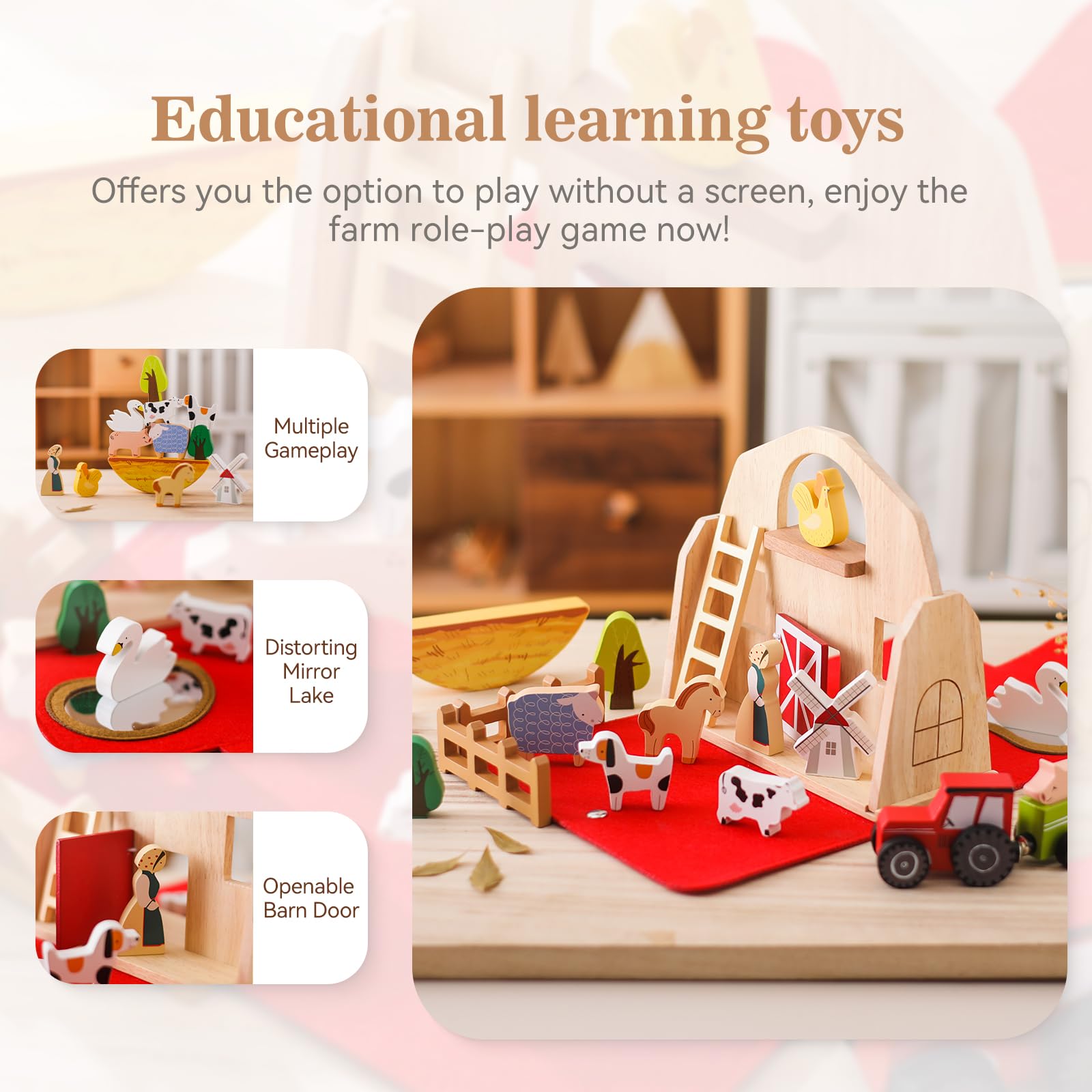 Wooden Barn Farm Animal Toys for Kids Ages 3-5 | Montessori Learning Toys with Red Barn | Portable Playset for Toddlers | Perfect Birthday Gift for Boys & Girls | Farm-Themed Pretend Play for Preschool Education