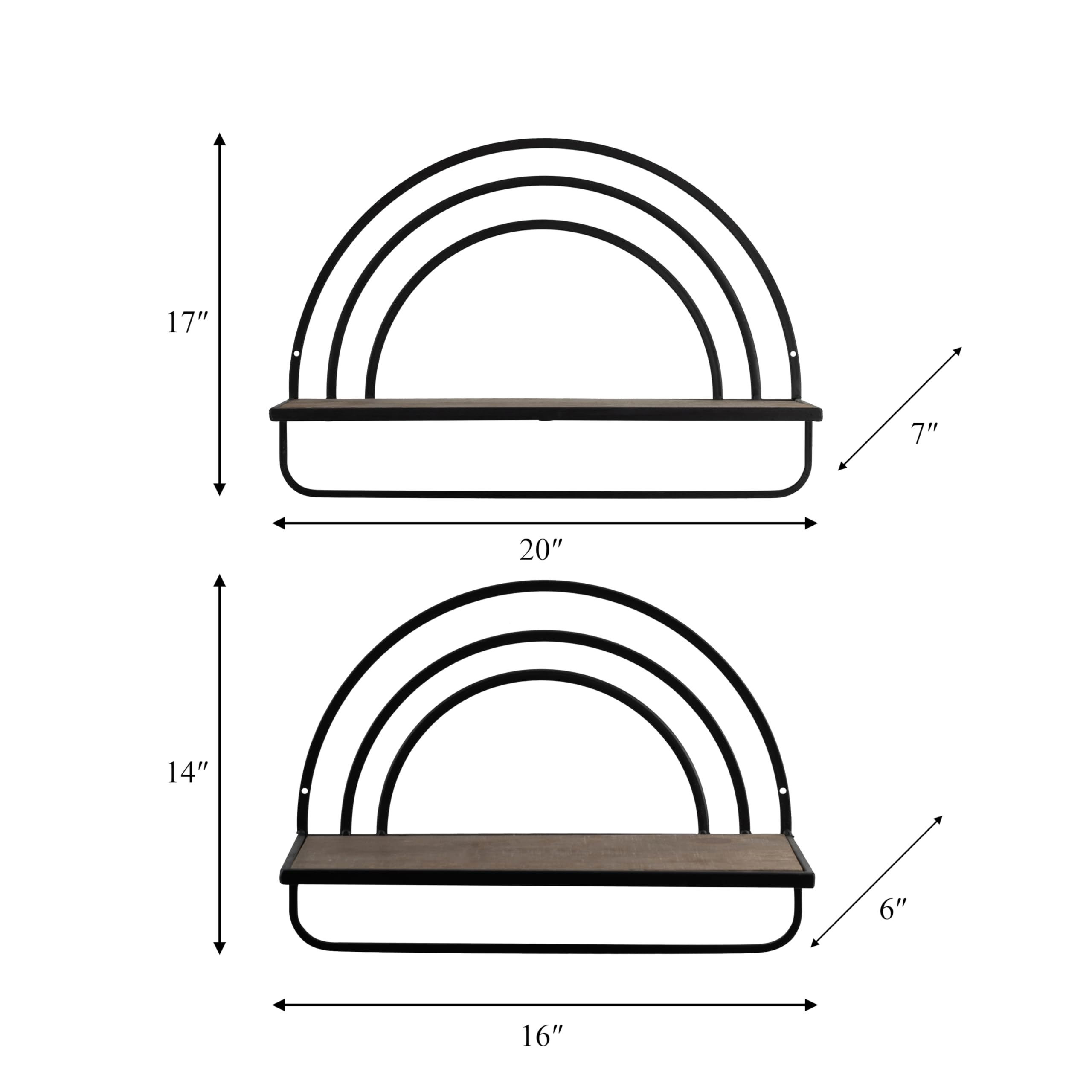 2 Pack Metal Rainbow Wall Shelves - Rustic Brown/Black Iron & Plywood Floating Shelves for Home Decor - Perfect for Living Room, Bedroom, or Bathroom Storage & Display