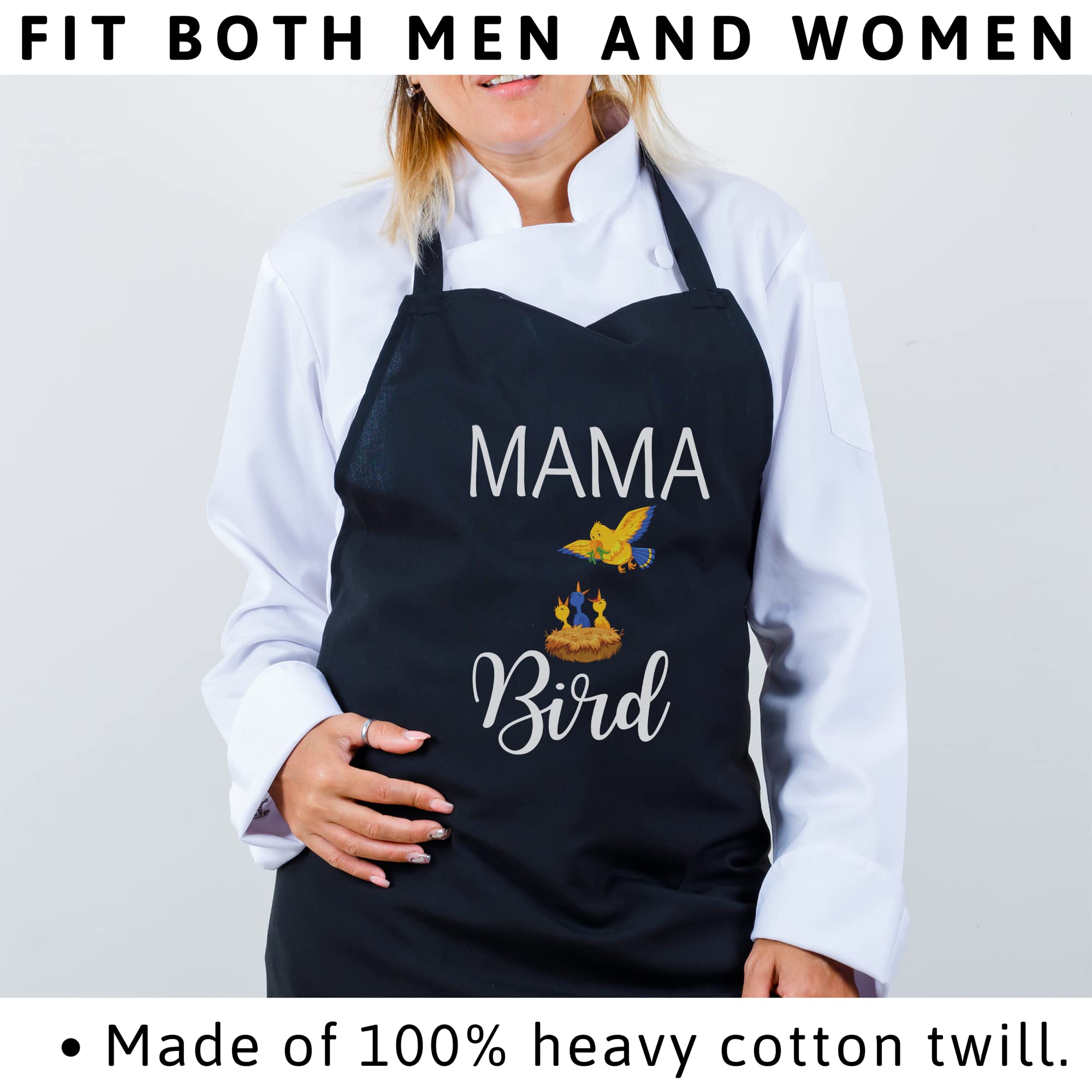 FunnyLazy Mama Bird Baby Bird Mother's Day Apron - Adjustable Black Kitchen Apron for Women & Men - Perfect for Cooking, Baking, BBQ & Gift Giving