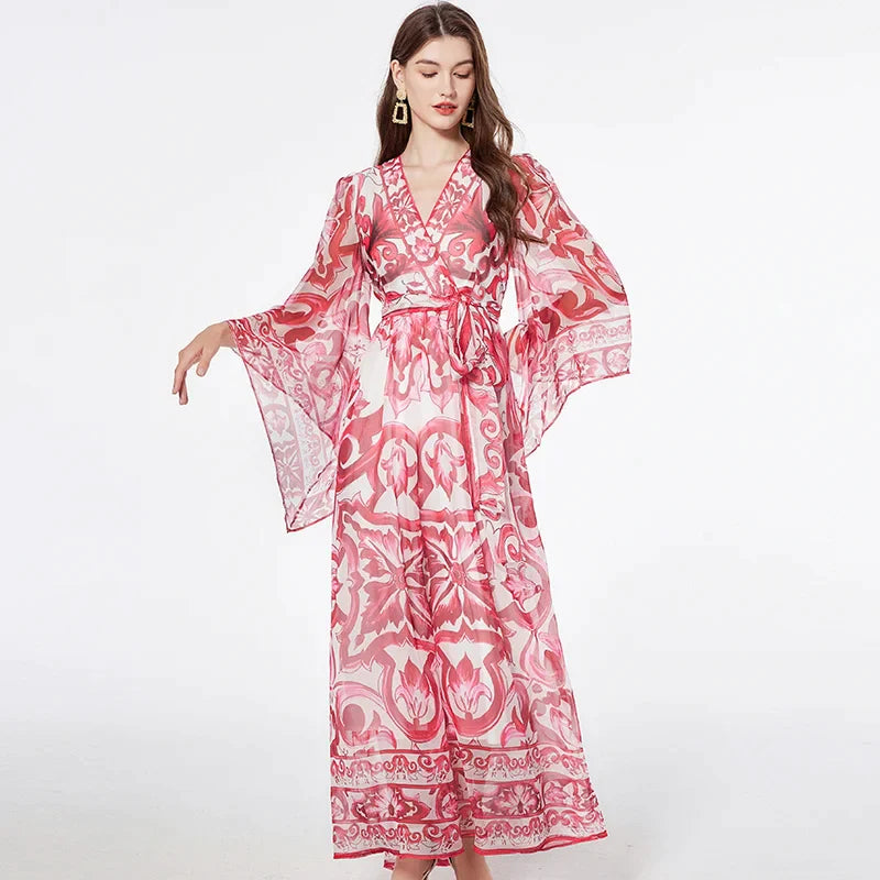 Elegant Blue and White Porcelain Floral Maxi Dress for Women - Long Sleeve Floral Print Summer & Autumn Dress - Perfect for Weddings, Parties, and Casual Outings