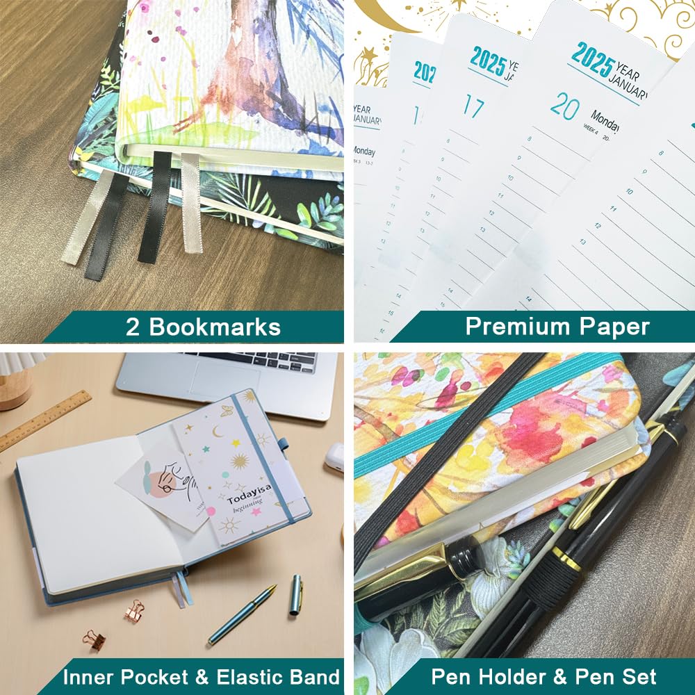 2025 A5 Daily Planner with Monthly View - Tree of Life Design Hardcover Organizer | Includes Pen Set, 2 Bookmarks & Inner Pocket | Perfect for Work, School & Personal Goal Tracking (5.9