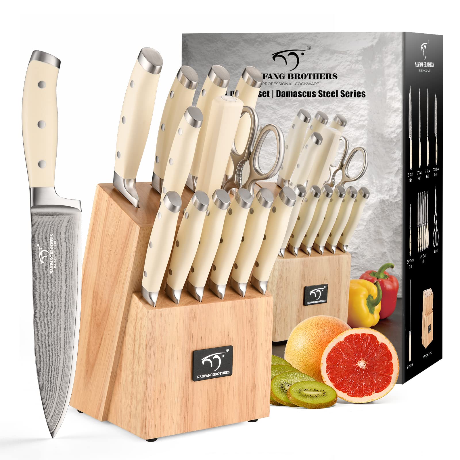 Premium 14-Piece Damascus Steel Knife Set with Wooden Block - Ergonomic ABS Handle, Knife Sharpener & Kitchen Shears - Professional Chef Knives for Chopping, Slicing, Dicing - Perfect for Home Cooking, Restaurant & Gourmet Food Preparation