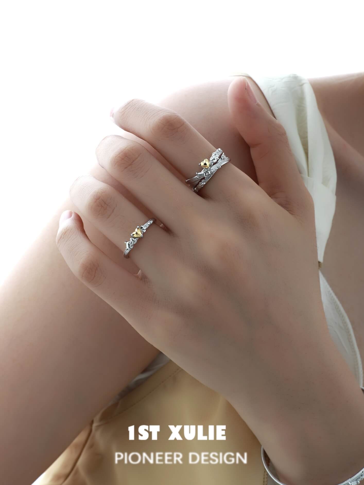Immortal Lover S925 Sterling Silver Golden Heart Rings for Women - Elegant Couple Promise Rings for Anniversary, Valentine's Day Gift & Romantic Occasions