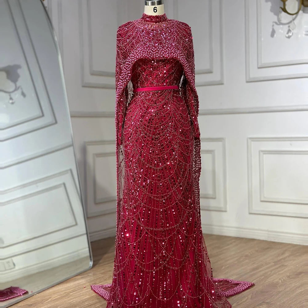 Luxury Muslim Hijab Mermaid Long Cape Evening Gown for Women - Dubai Arabia Inspired Wedding Party Dress 2025 (LA72032M) - Perfect for Formal Events, Bridal Showers & Special Occasions
