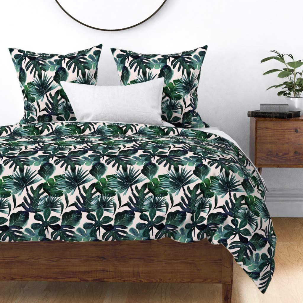 Soft Cotton Sateen Duvet Cover Twin Size - Tropical Leaves Blush Monstera Palm Jungle Print Custom Bedding | Perfect for Nursery, Guest Room & Boho Chic Bedroom Decor