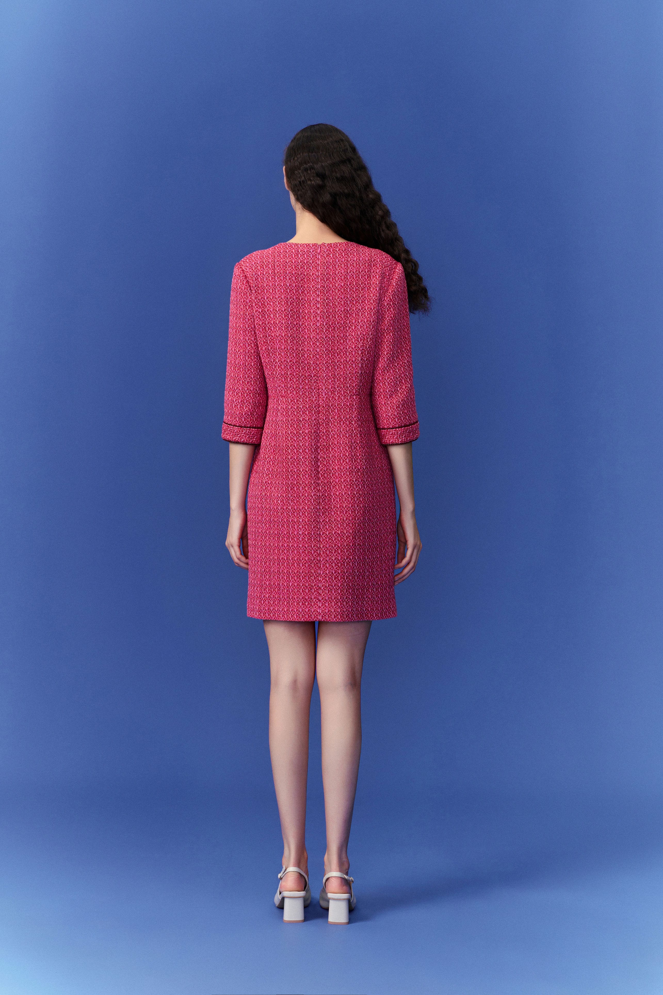 Stylish Fuchsia Pink Patch Pocket Tweed Dress for Women - Perfect for Office Wear, Cocktail Parties & Special Occasions