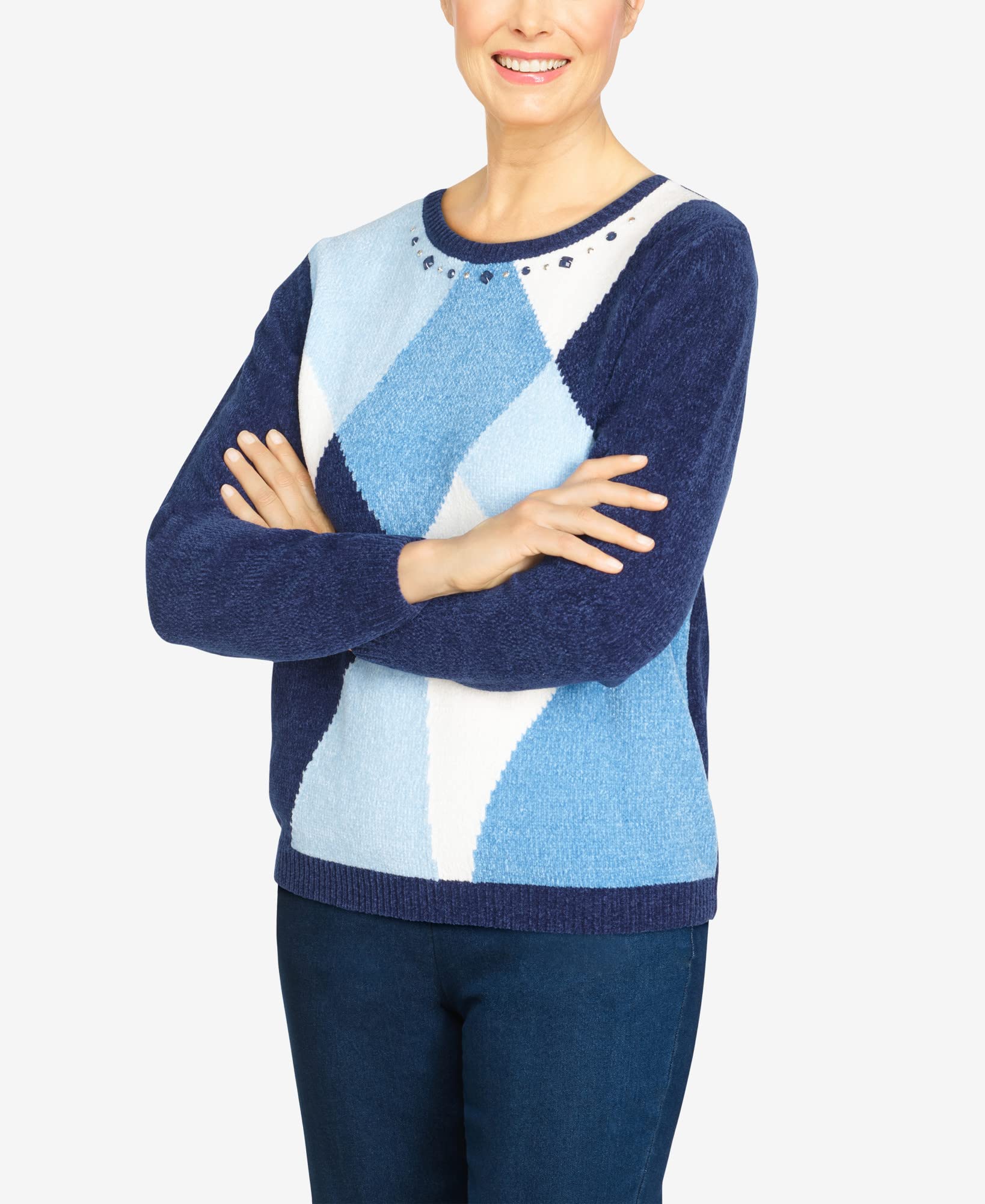 Alfred Dunner Women's Petite Chenille Colorblock Sweater - Soft Winter Pullover for Casual Wear & Holiday Outfits