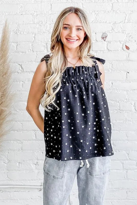 Women's Polka Dot Print Ruffle Tank Top - Floral Daisy Design - Casual Summer Blouse for Beach, Party & Everyday Wear