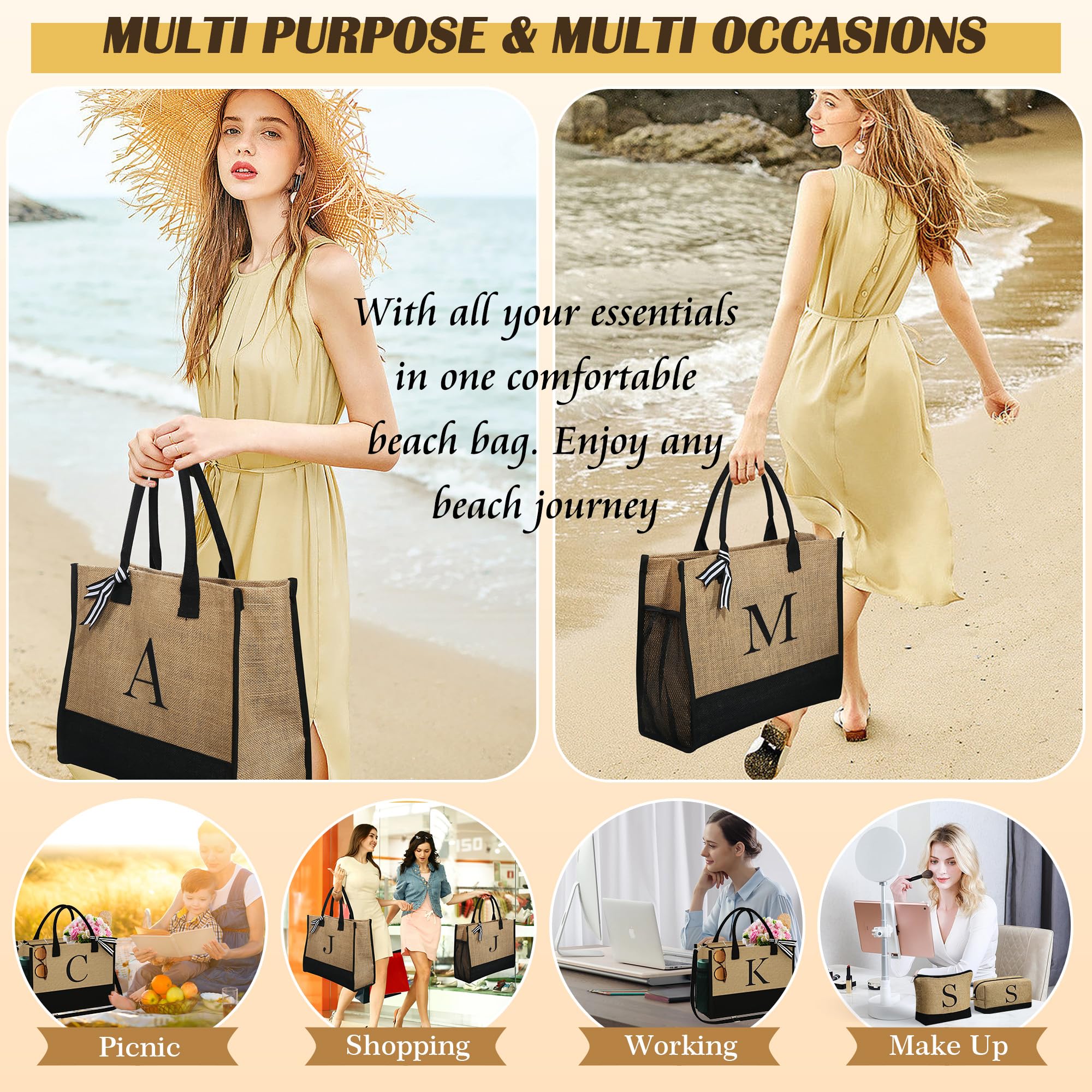 YOOLIFE Personalized Jute Tote Bag & 2 Zippered Makeup Bags - Eco-Friendly Mom & Best Friend Birthday Gifts for Women - Perfect for Shopping, Travel, and Daily Use