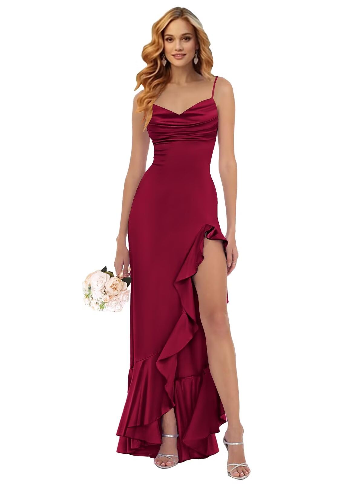 2024 Mermaid Satin Prom Dresses for Women - Elegant V Neck Ruffle Bridesmaid Gown with High Slit | Perfect for Formal Dances, Weddings & Special Occasions