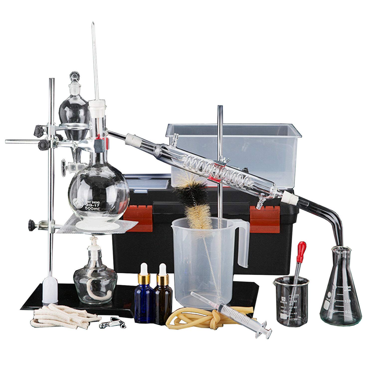 500ml 44pcs Essential Oil Distillation Kit - Glass Labware Extraction Apparatus for Hydrosol, Moonshine & Alcohol | Perfect for Home Distilling, Aromatherapy & DIY Essential Oils