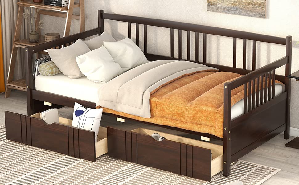 MERITLINE Twin Size Wood Daybed with Storage Drawers - Convertible Sofa Bed for Teens & Adults - Espresso Finish - Perfect for Small Bedrooms, Guest Rooms & Dorm Rooms
