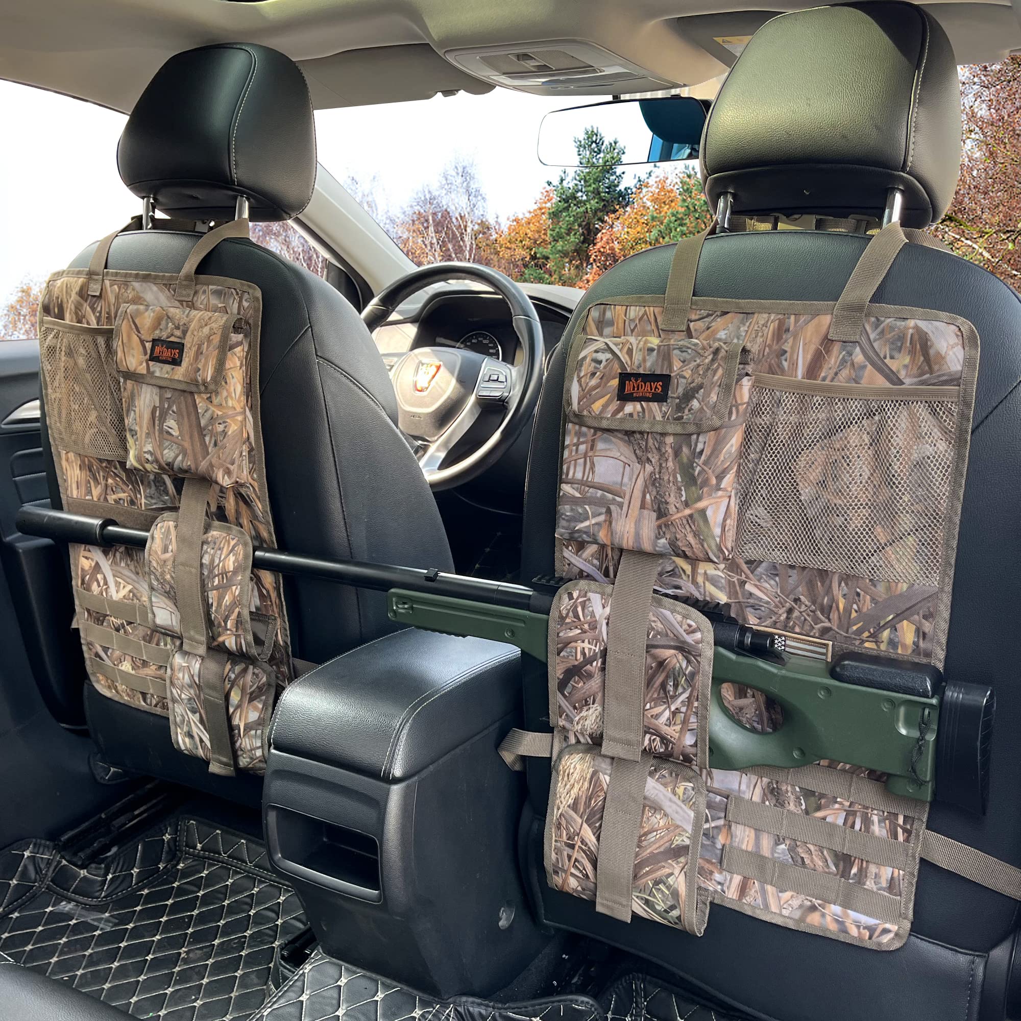 MYDAYS 2 Pack Tactical Gun Organizer for Car Seats - Molle Panel Vehicle Storage for Hunting Rifles & Shotguns (Camo) - Perfect for Hunting Trips, Road Trips & Outdoor Adventures