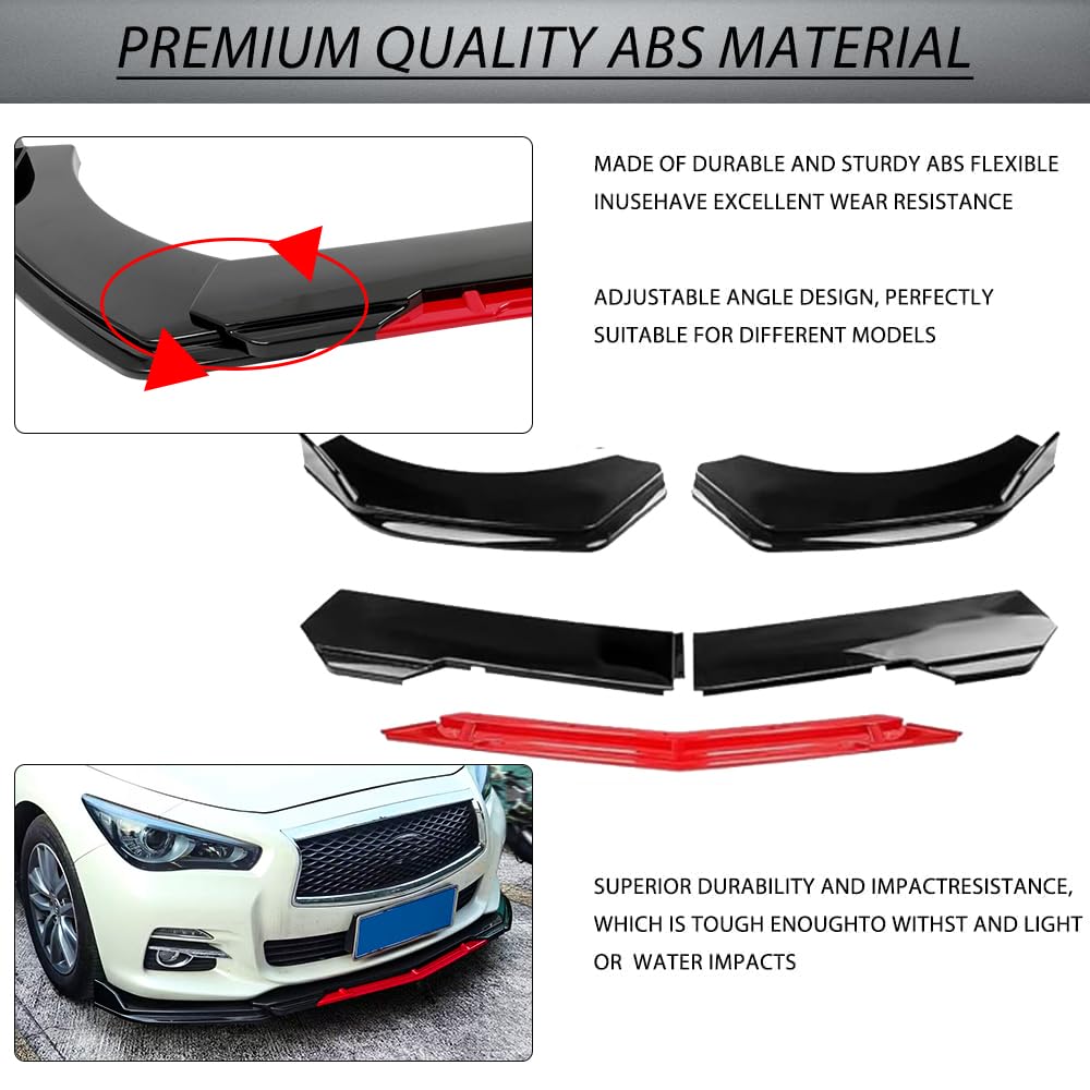 DREAMIZER Universal Car Front Lip Spoiler - Adjustable Front Bumper Lip Chin Splitter Diffuser Protector Body Kit - Fits Honda Nissan Toyota Mazda - Black with Red Trim - Enhances Aerodynamics & Street Style for Sports Cars & Tuner Vehicles