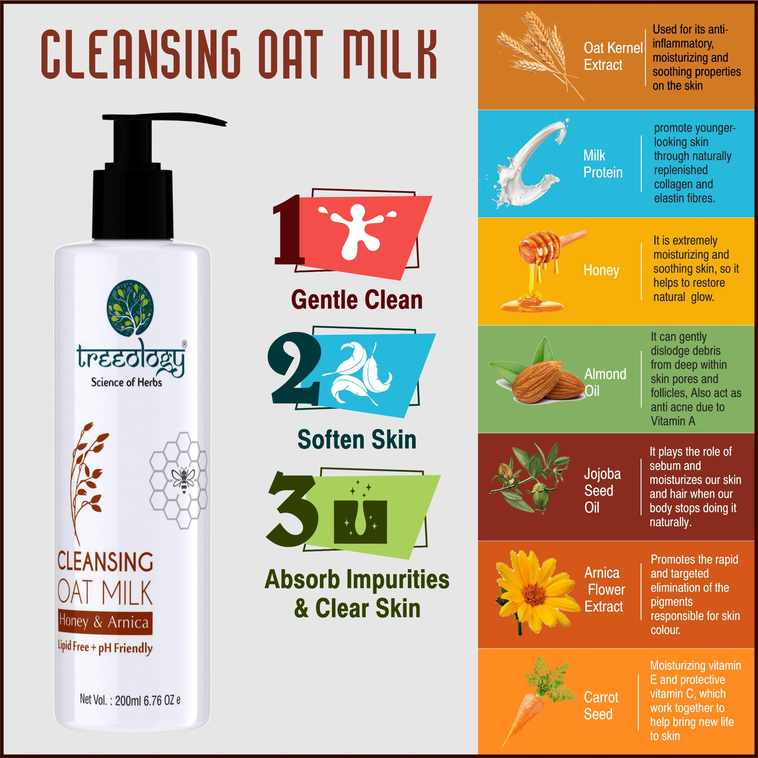 Treeology Natural Honey & Arnica Cleansing Oat Milk with Jojoba & Hydrolyzed Vegetable Protein - Soothing Oat Milk Powder Formula for Smooth Skin | Gentle Face Wash for Dry, Sensitive Skin | Perfect for Morning & Night Skincare Routine