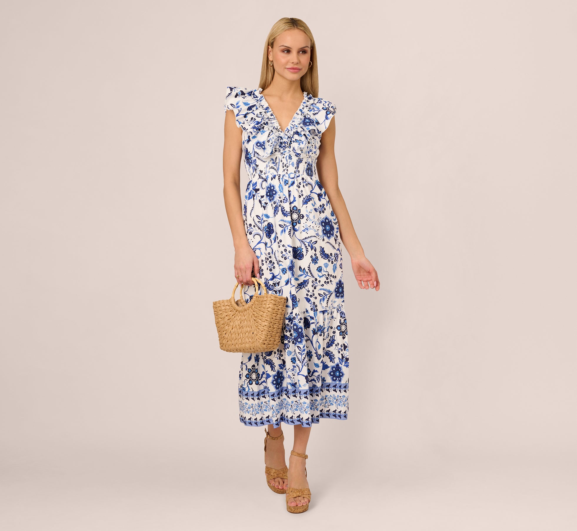 Elegant Sleeveless Ruffle Collar Floral Print Midi Dress - White & Blue Summer Dress for Women | Perfect for Beach Vacations, Garden Parties & Date Nights