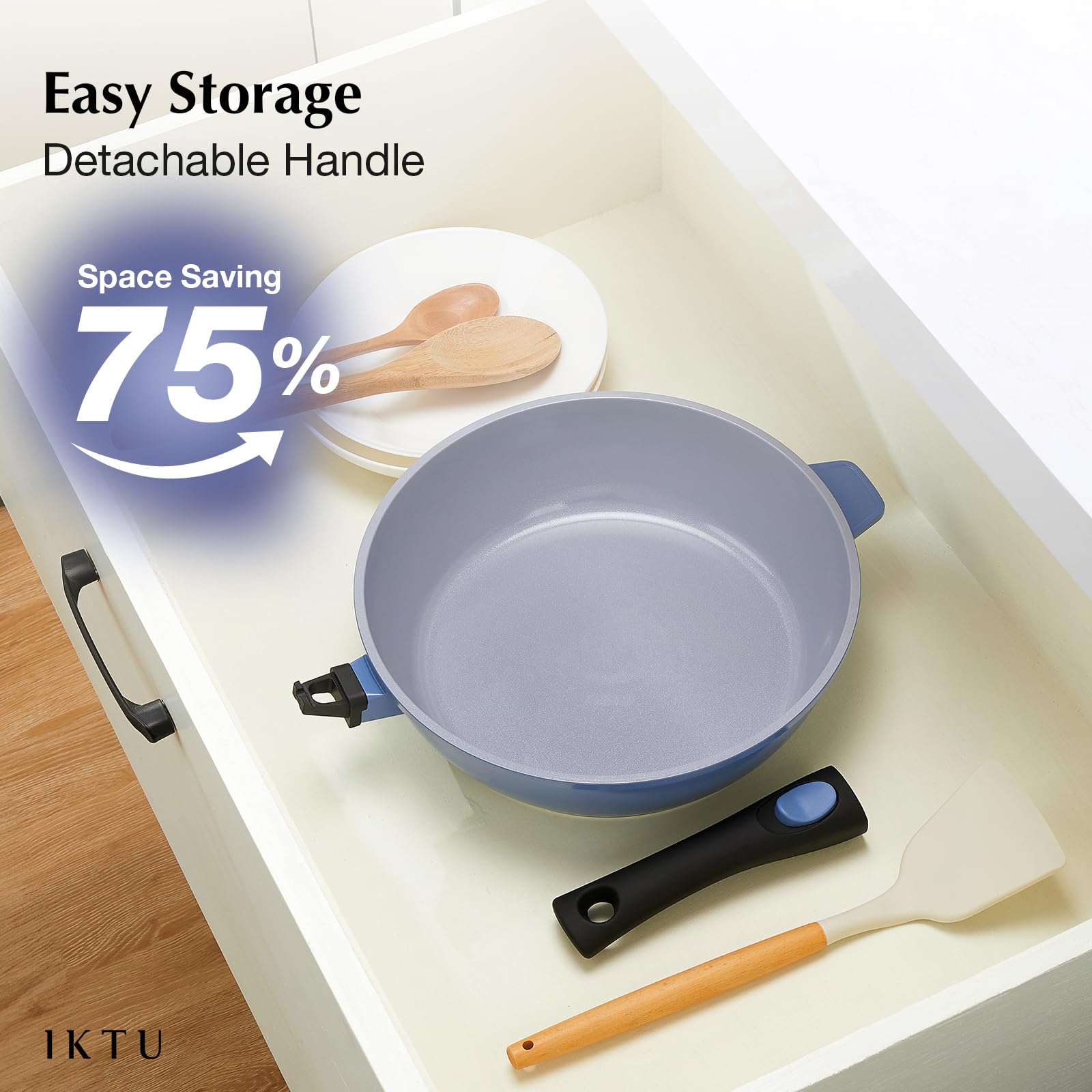 IKTU 11-Inch Ceramic Nonstick Deep Frying Pan - 4Qt Saute Pan with Lid & Helper Handle - PFAS PFOA & PTFE Free Induction Cookware - Perfect for Stir-Frying, Searing & Deep Frying - Detachable Handle for Easy Storage