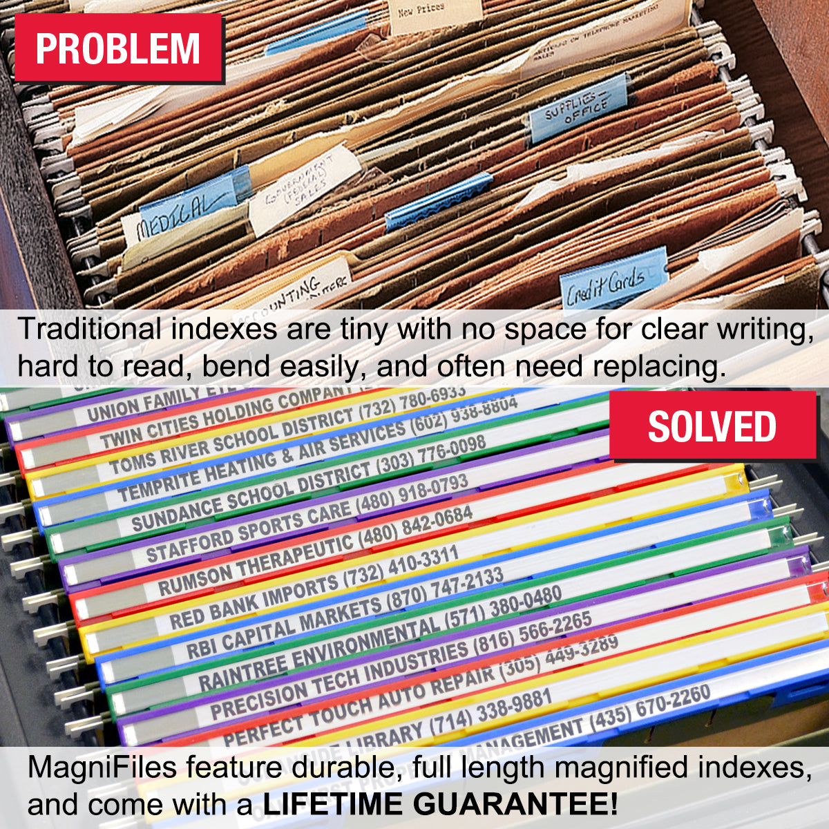 Ultimate Office MagniFile™ Hanging File Indexes - Convert Standard Hanging Files to Magnified Files for Quick Document Finding (Set of 10 with 25 Index Strips) - Perfect for Office Organization, Filing Systems, and Document Management