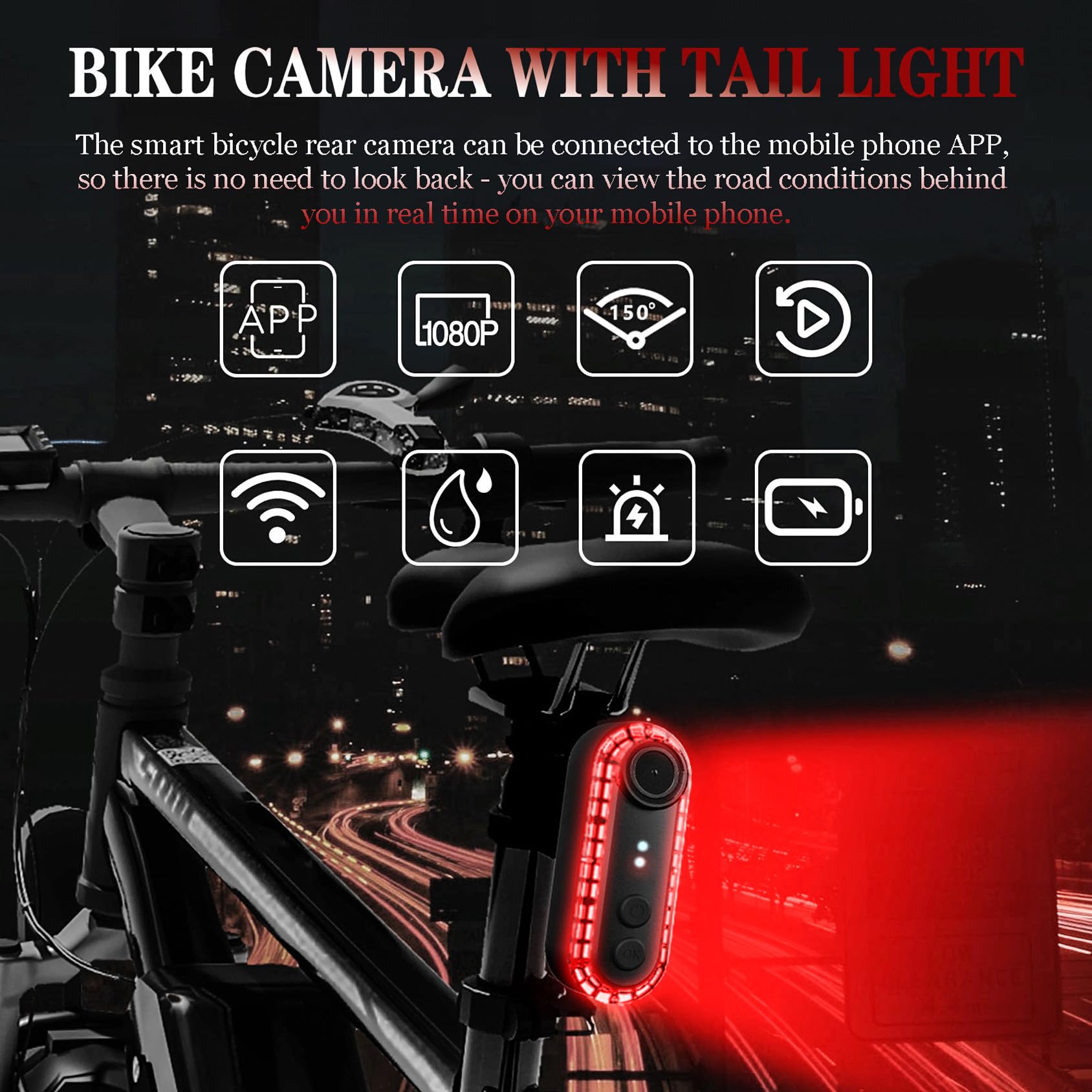 1080P Waterproof Bike Camera with Tail Light & 150° Wide Angle - Rear View Camera for Mountain, Road & E-Bikes | Phone Interconnect | Night Riding & Commuting Safety