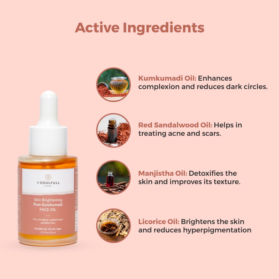 Be Soulfull Kumkumadi Face Oil - Skin Brightening & Anti-Aging Treatment for Radiant, Youthful Glow | 30ml Pure Ayurvedic Facial Oil for Daily Skincare Routine & Nighttime Regimen