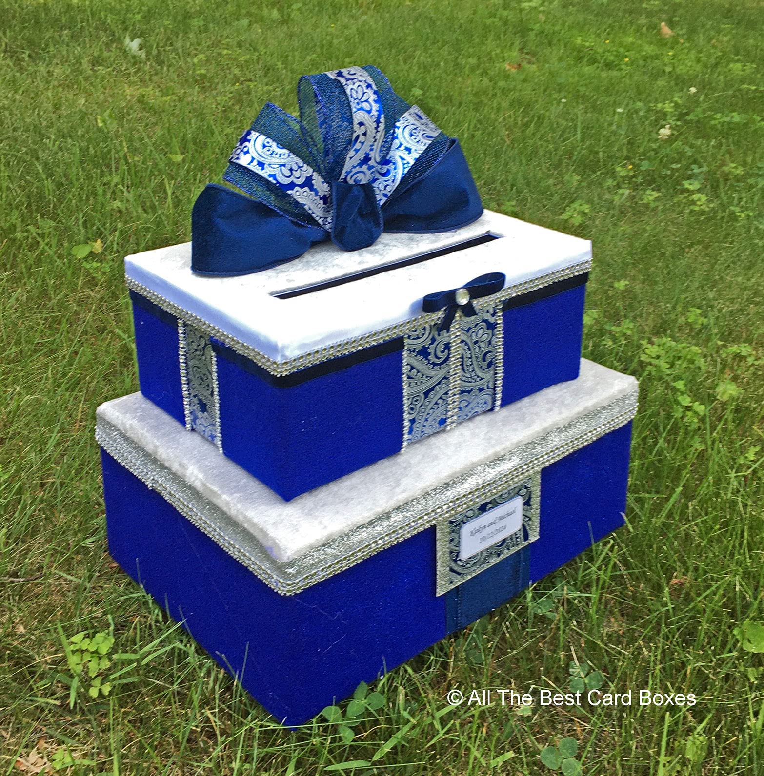 Royal Blue & Silver Wedding Card Box with Slot - 2-Tier Fabric Gift Holder for 80 Cards | Personalized Bridal Shower, Anniversary & Reception Decor