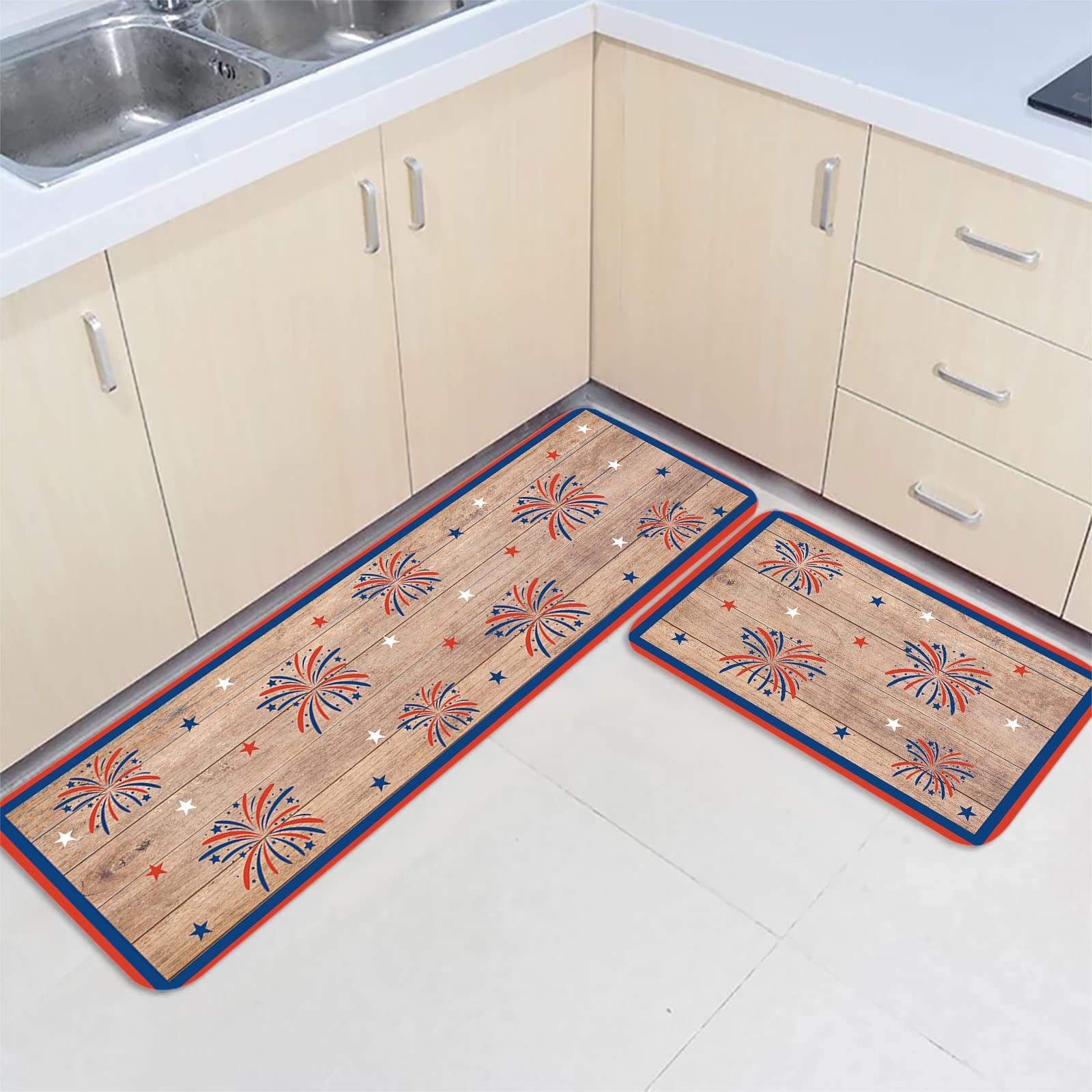 2-Pack Patriotic Kitchen Mats - Non-Slip Waterproof Standing Rugs for Kitchen, Office & Laundry - Stars & Fireworks Design with Retro Wood Grain - Perfect for 4th of July Decor & Everyday Use
