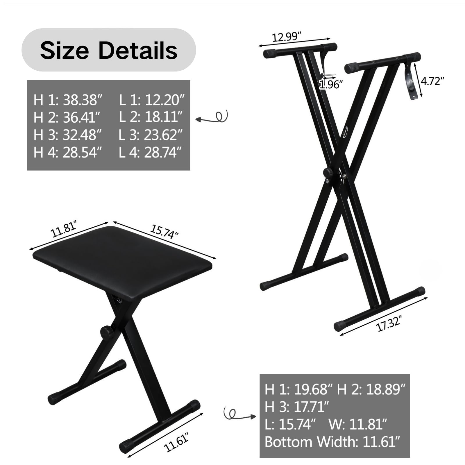 GLARRY Heavy Duty Adjustable Piano Keyboard Stand & Bench - Portable Universal Music Stand for Digital Pianos, Synthesizers (Home Studio, Live Performances, Music Lessons)