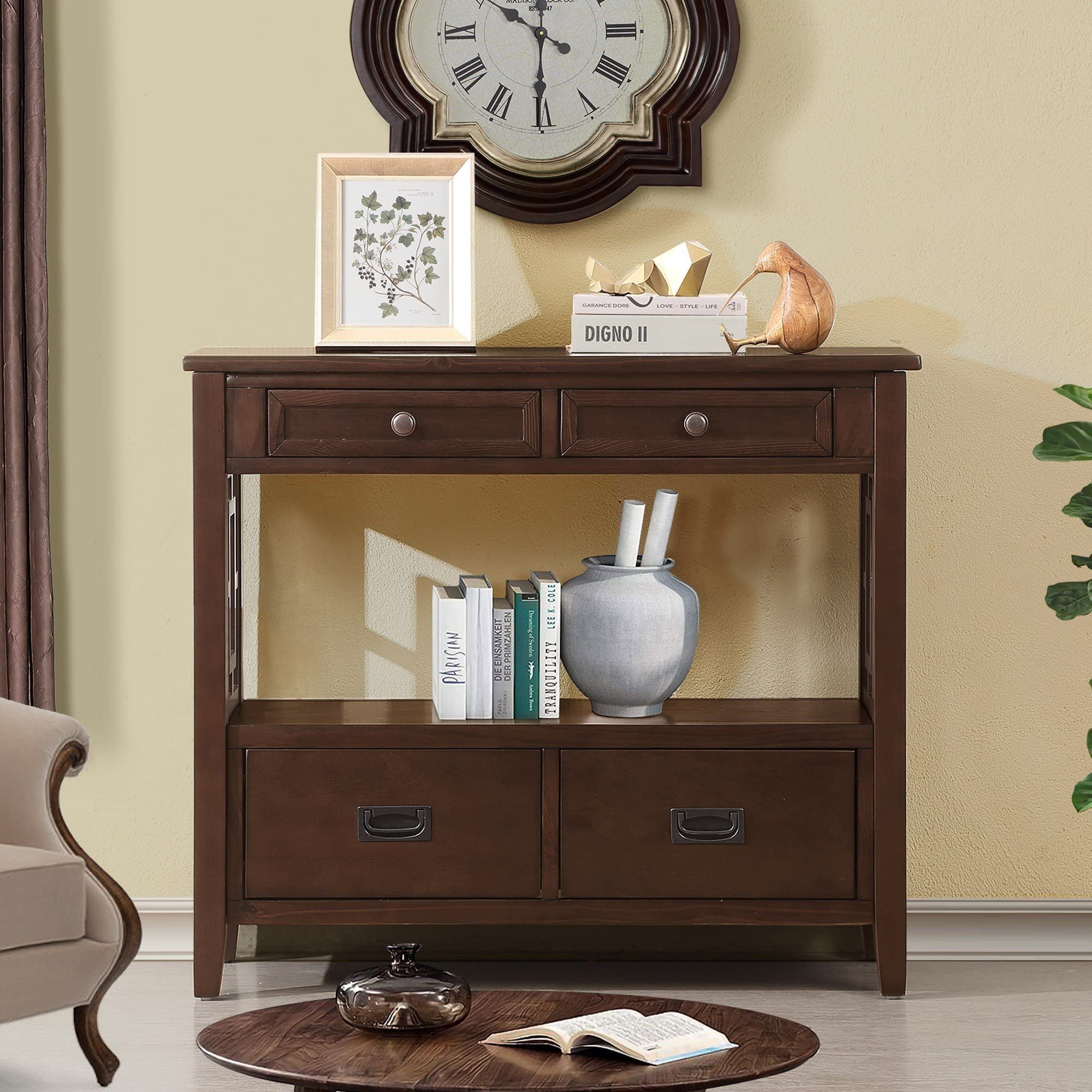 Farmhouse Console Table with Drawers - Narrow Wood Sofa Table with Storage Shelves for Entryway, Living Room, Bedroom, Hallway & Kitchen - Antique Espresso Finish - Perfect for Small Spaces & Home Decor