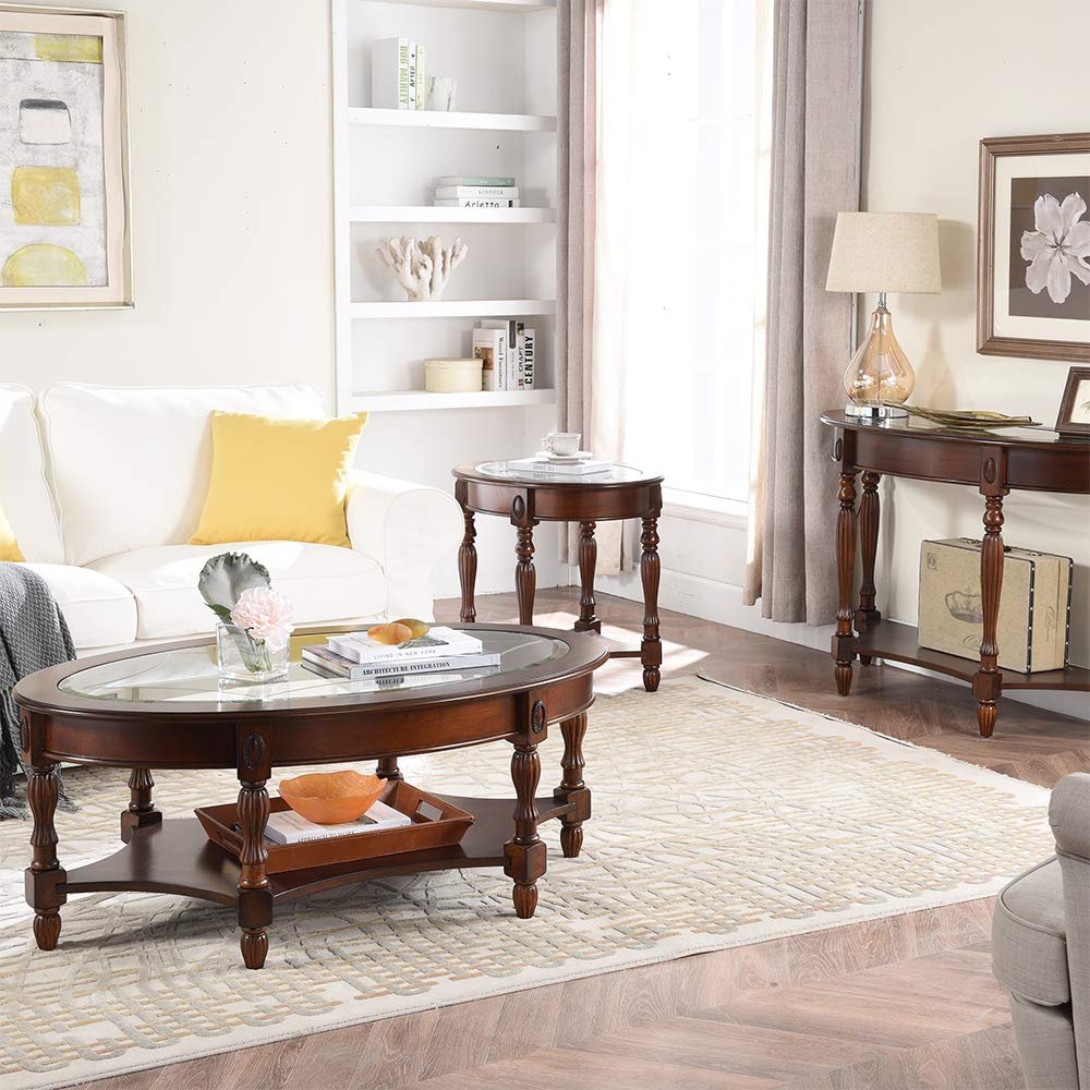 Padma House Traditional Solid Wood Oval End Table with Tempered Glass Top - Cherry Walnut Finish - Side Table for Living Room, Bedroom & Office - Perfect for Coffee Table, Nightstand or Accent Furniture