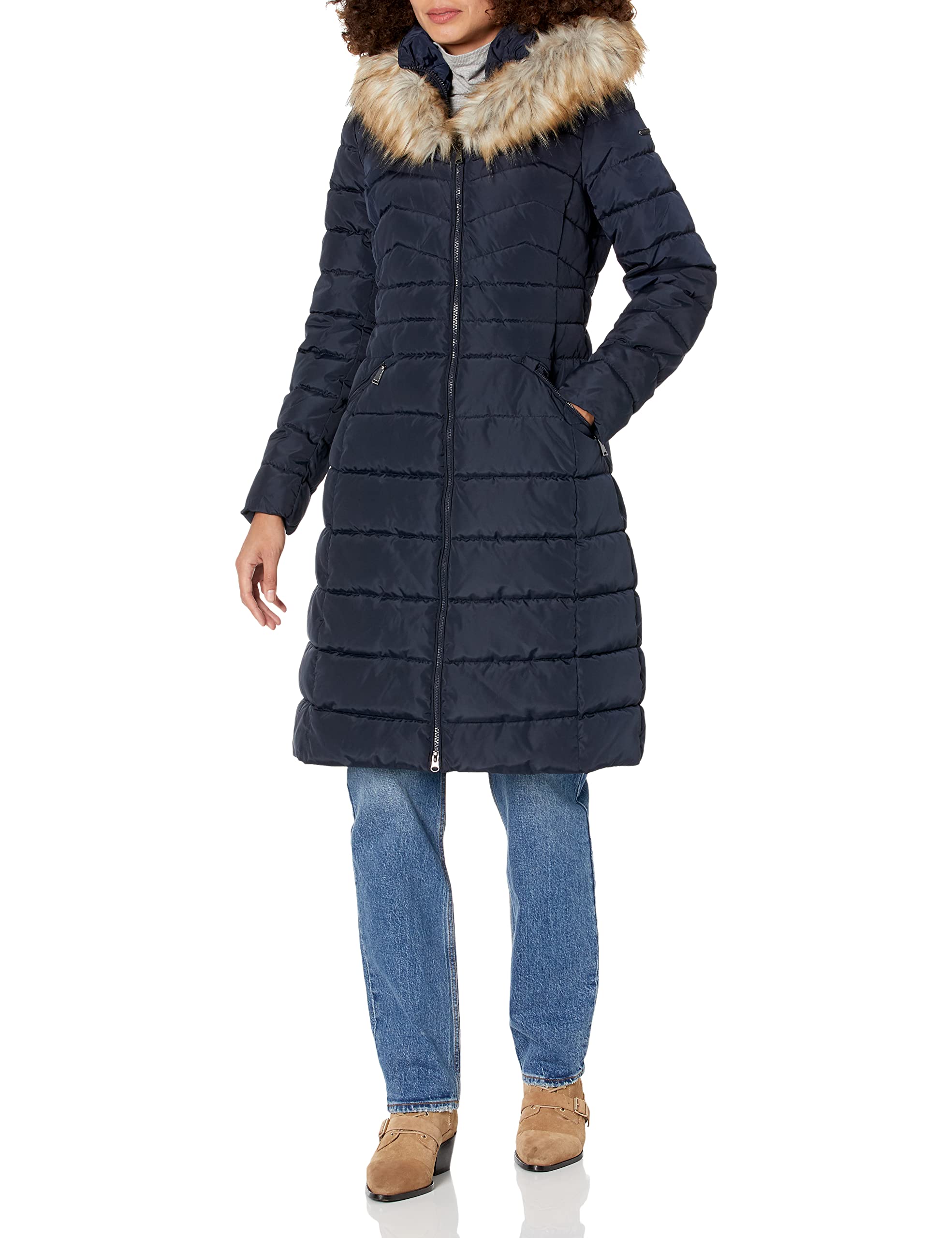 LAUNDRY BY SHELLI SEGAL Women's Long Puffer Coat with Faux Fur Trim - Winter Warmth, Fashion Outerwear for Cold Weather & Holiday Parties