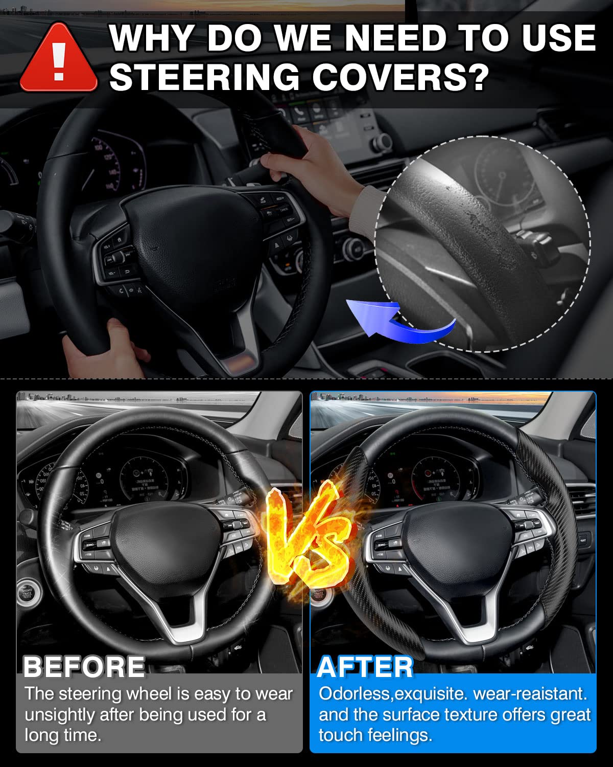 **Honda Accord Steering Wheel Cover 2018-2025 | Carbon Fiber Non-Slip Grip | Comfortable & Durable | 2PCS Black | Perfect for Daily Commute & Long Drives**