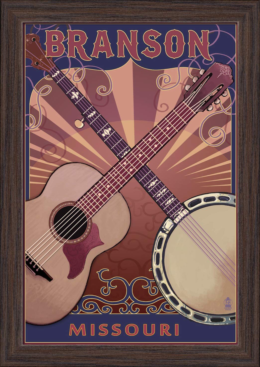 Branson Missouri Guitar and Banjo Wall Art - 12x18 Inch Giclee Fine Art Print in Recycled Wood Frame (Espresso Brown) - Perfect for Music Lovers, Home Decor, Office & Studio
