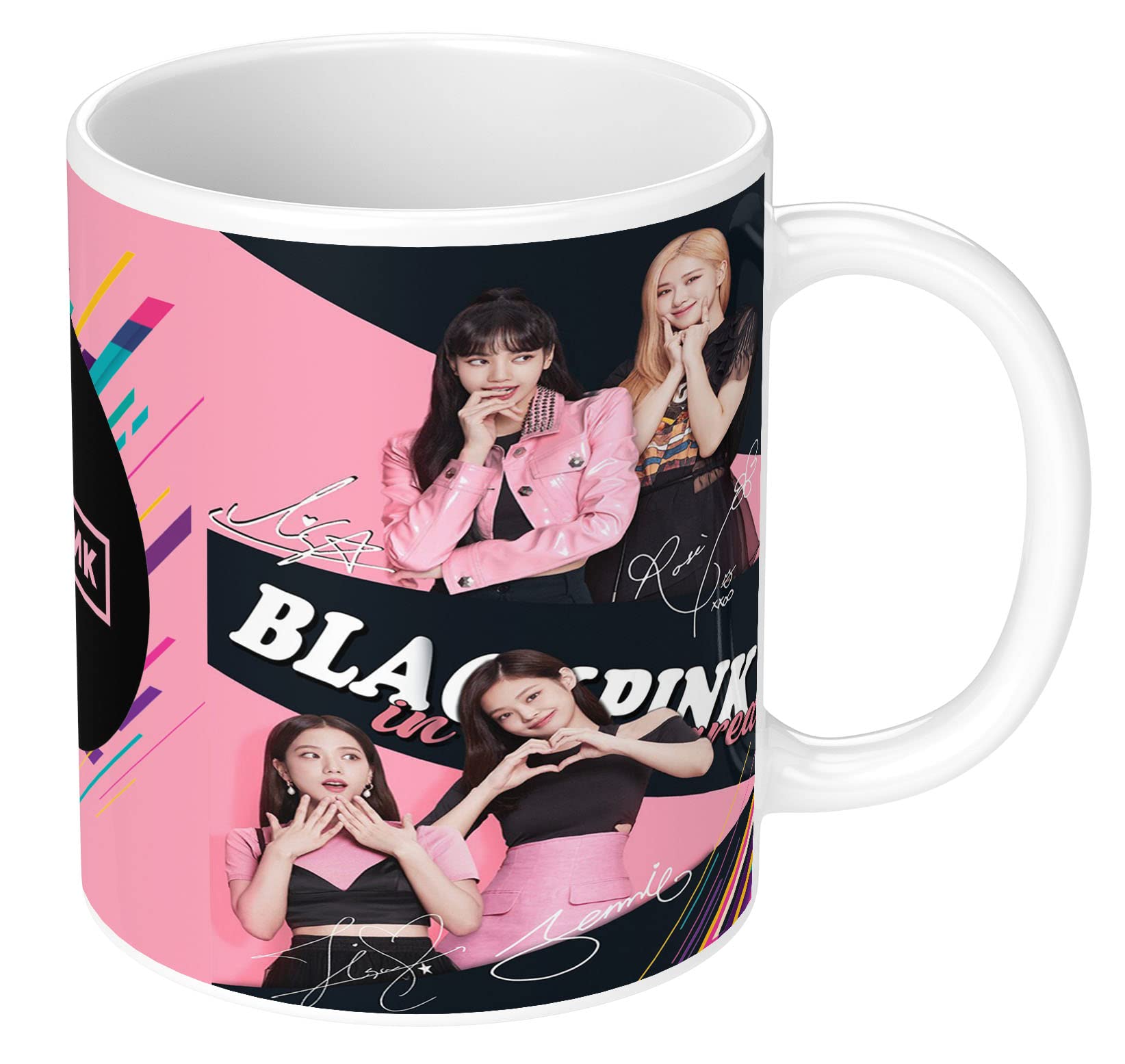 Blackpink Signature Ceramic Coffee Mug with Keychain - 350ml HD Printed Microwave Safe White Mug for Girls & Boys - Perfect Gift for K-Pop Fans, Office Use, and Home Decor (Pack of 2)