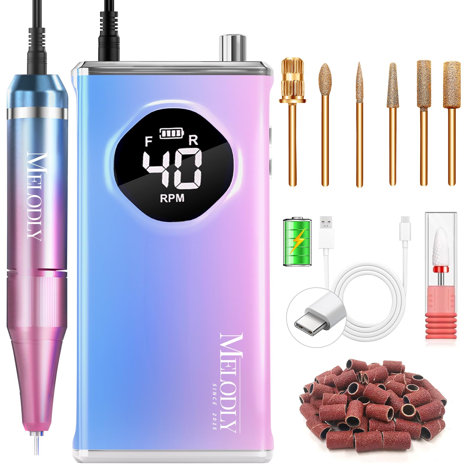 Professional Electric Nail Drill 40000 RPM - Rechargeable Cordless Nail File Machine Kit with Gold Bits for Acrylic & Gel Nails - Perfect for Salon & Home Use - Manicure, Pedicure & Nail Art