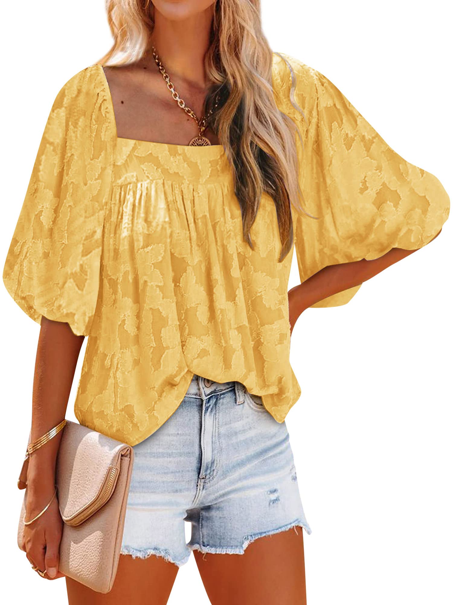 WLLW Women's Square Neck 3/4 Sleeve Puff Sleeve Blouse - Floral Lace Textured Flowy Shirt for Casual Wear, Office Outfits & Spring Summer Fashion