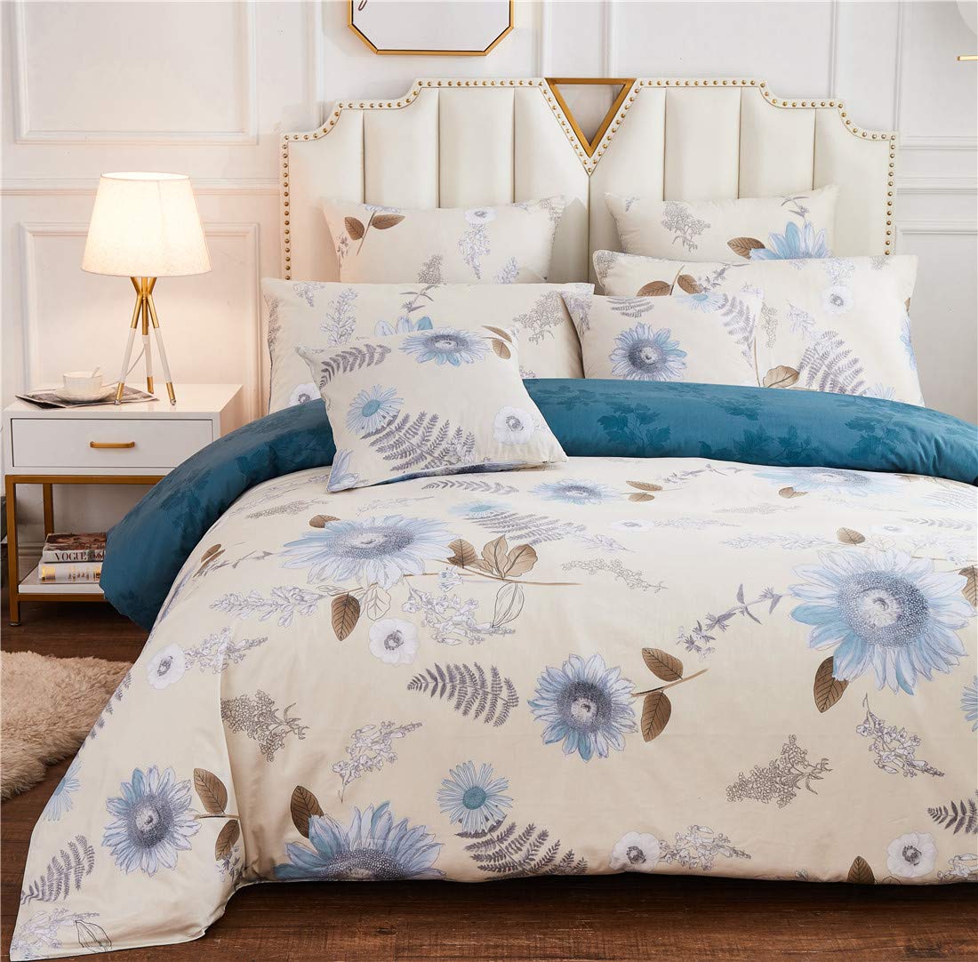 Vintage Sunflower Duvet Cover Set Twin XL - 100% Cotton Reversible Teal & Beige Floral Comforter Cover with Hidden Zipper - 3 Piece Bedding (1 Duvet Cover + 2 Pillowcases) - Perfect for Boho Chic Bedrooms & Farmhouse Style Decor