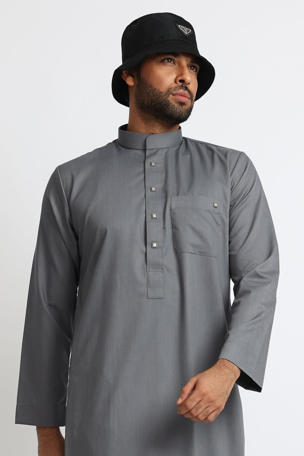 Premium J1519 Saudi Collar Grey Thobe for Men - Traditional Islamic Robe with Comfortable Fit - Perfect for Eid, Ramadan & Special Occasions