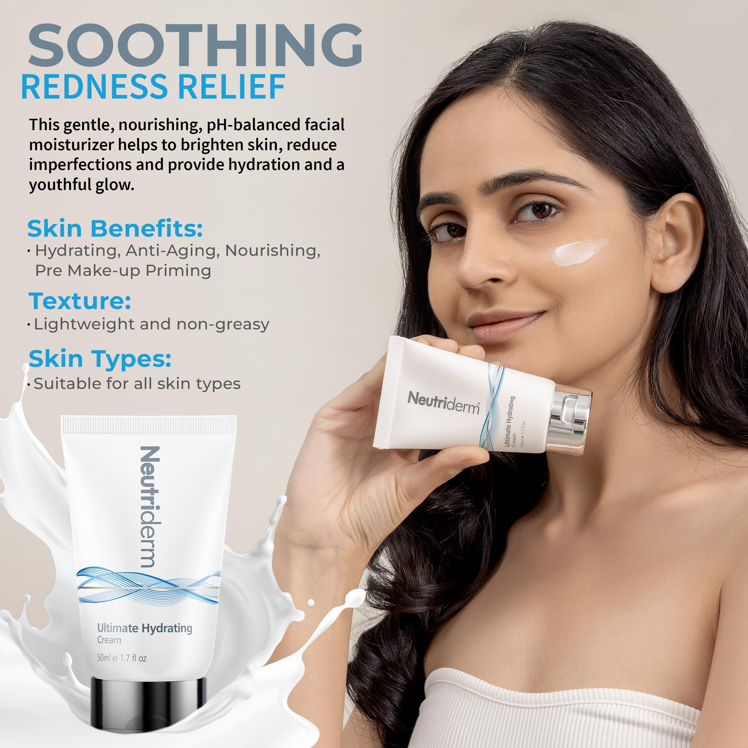 Neutriderm Ultimate Hydrating Face Cream with Vitamin E, Rice & Wheat Protein - Sensitive Skin Moisturizer for Women & Men - Anti-Aging & Dry Skin Care - 50ml - Perfect for Daily Hydration & Nighttime Skincare Routine