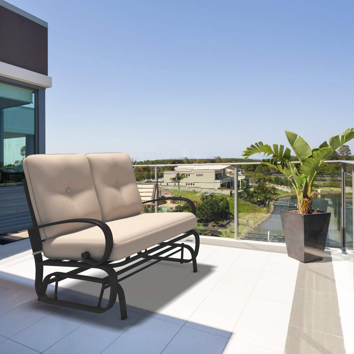 Giantex Outdoor Glider Bench - 2 Person Patio Loveseat with Removable Cushion & Thick Padded Seat, Durable Steel Frame Glider Swing Chair for Deck, Garden, Poolside, Yard, Balcony, Porch - Perfect for Relaxing & Enjoying Outdoor Moments (Beige)