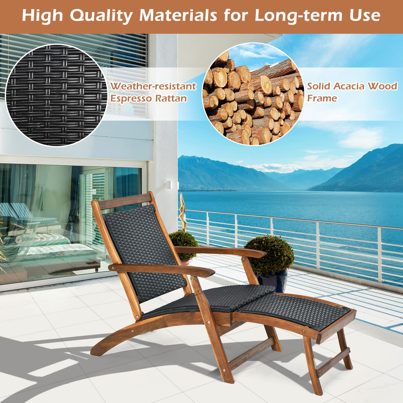 **HAPPYGRILL Outdoor Chaise Lounge Chair with Adjustable Footrest - Acacia Wood & Rattan Wicker Folding Pool Chair - Portable Patio Lounger for Garden, Porch, Beach & Backyard Relaxation**