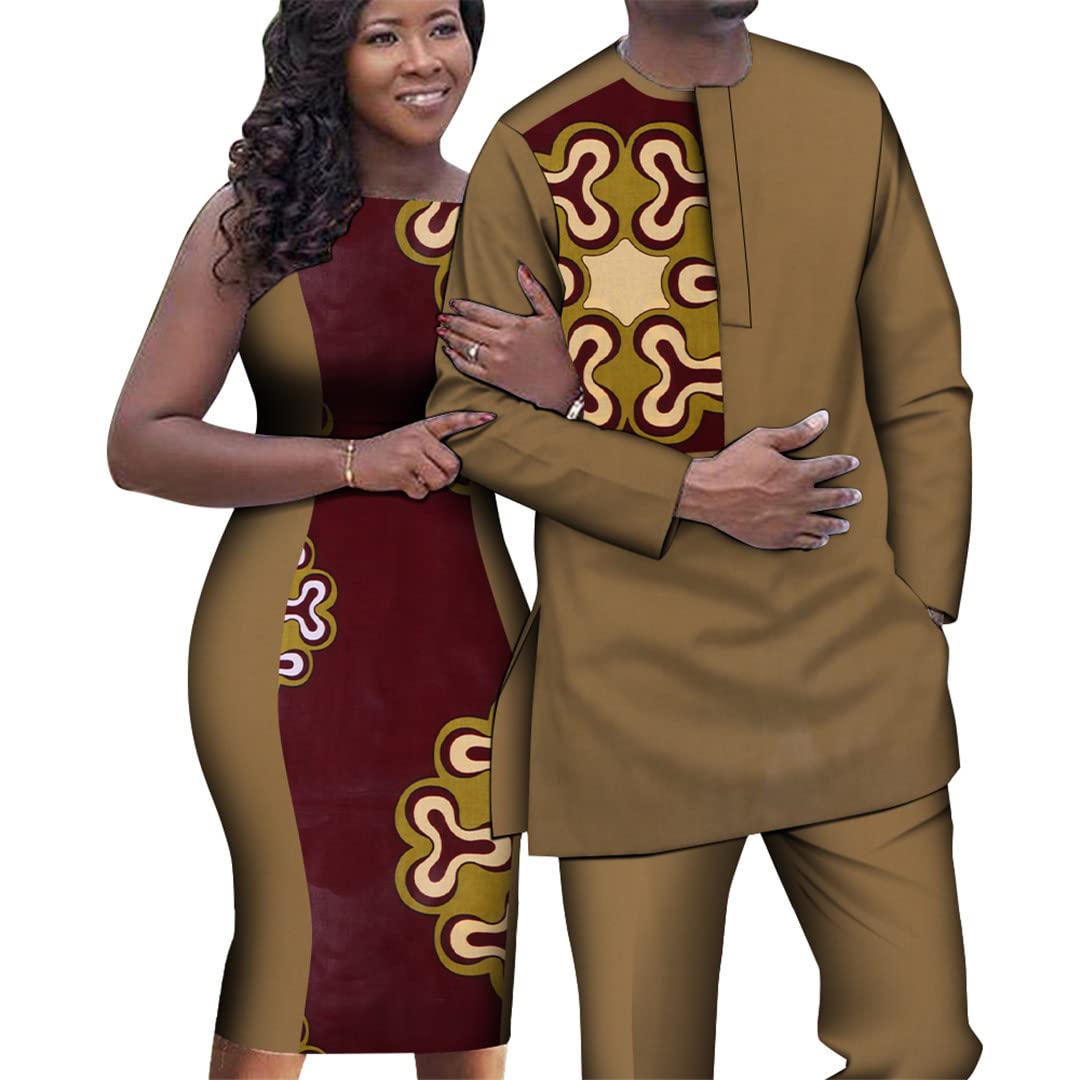African Couple Outfits - Women's Sleeveless Slim Fit Dresses & Men's Dashiki Shirt and Pants Set - 20 Styles - Perfect for Weddings, Anniversaries and Cultural Celebrations