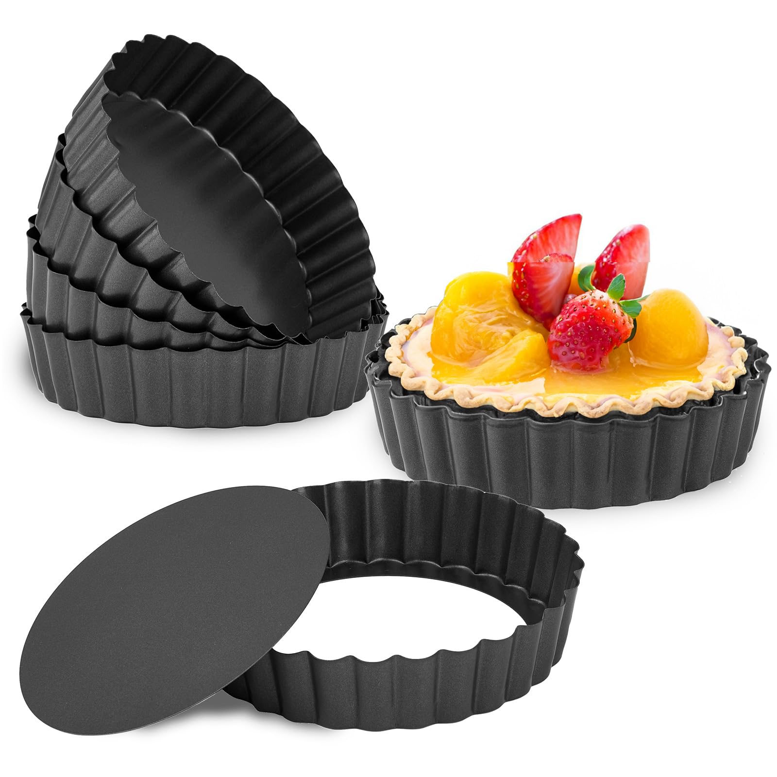 6-Pack 5 Inch Mini Tart Pans with Removable Bottom - Carbon Steel Round Quiche & Tartlet Baking Molds - Reusable Black Pie Pans for Desserts, Appetizers & Party Snacks