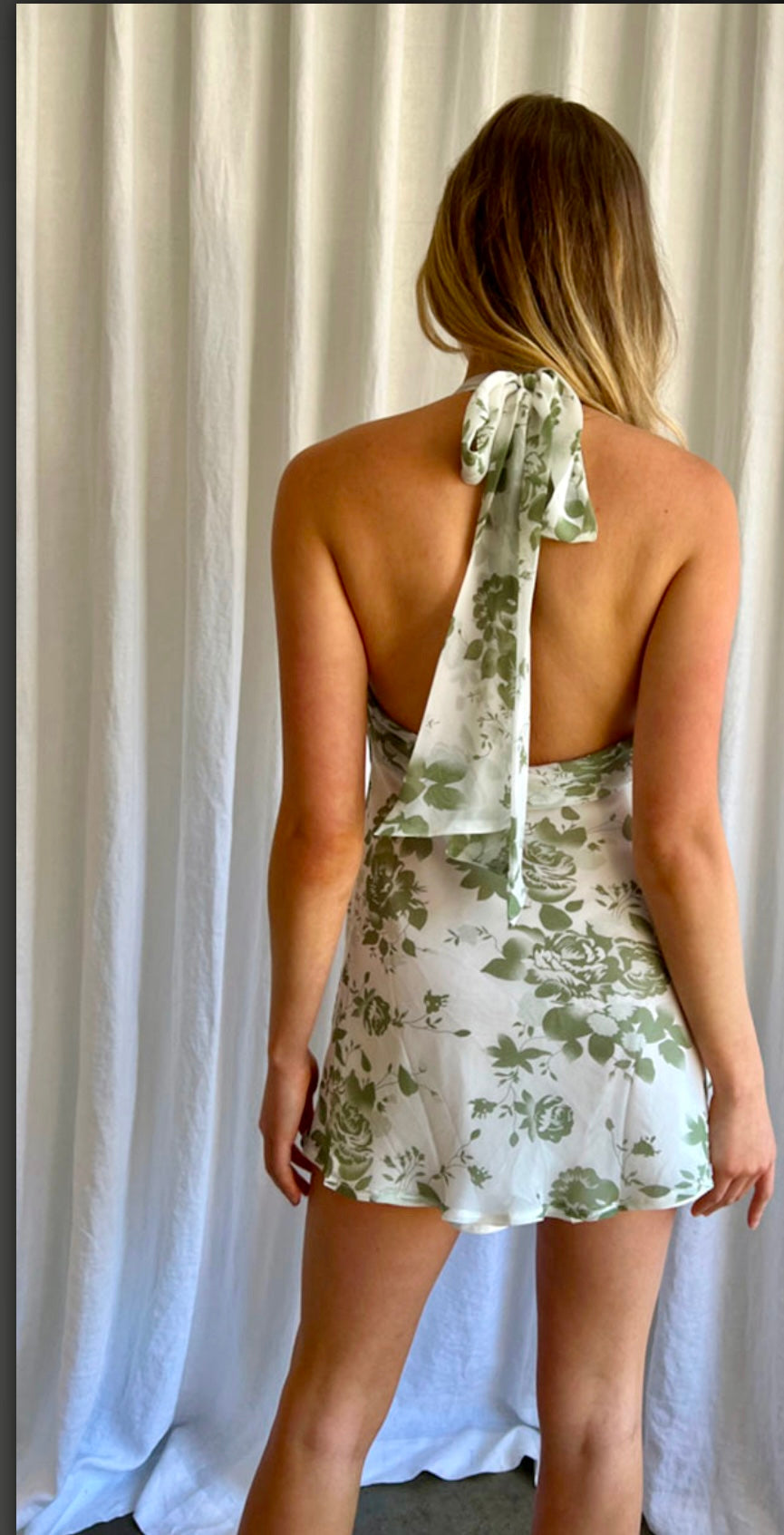 Floral High Cowl Neck Halter Mini Dress - Easy Breezy Summer Outfit in Green & Yellow Floral Print | Perfect for Beach Vacations, Date Nights & Outdoor Parties